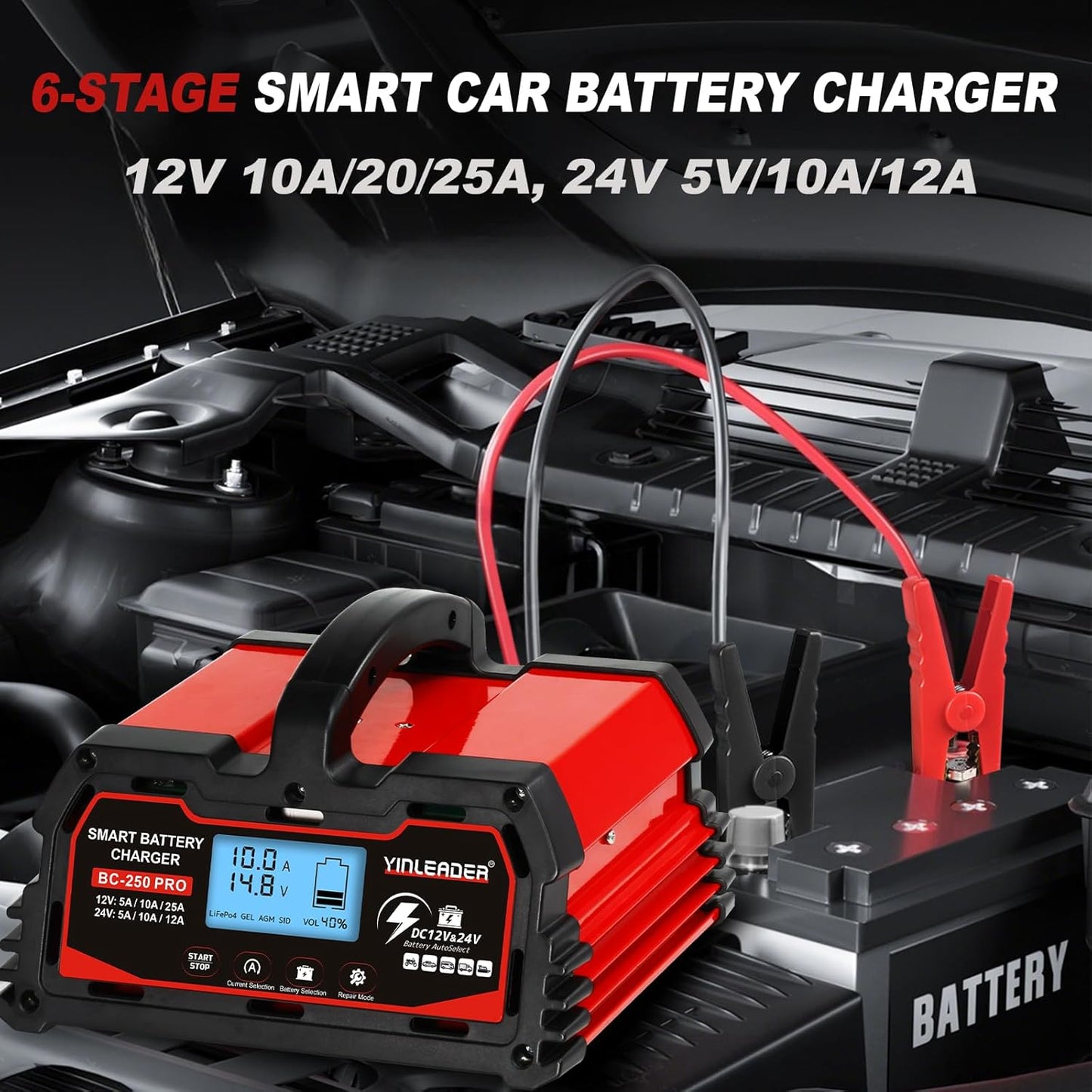 Battery Charger 25A, 12V/24V Lead Acid Smart Battery Charger, 12V LiFePO4 Car Battery Trickle Charger, Automatic Battery Maintainer for Car Motorcycle Lawn Mower Marine Boat Lead Acid Batteries