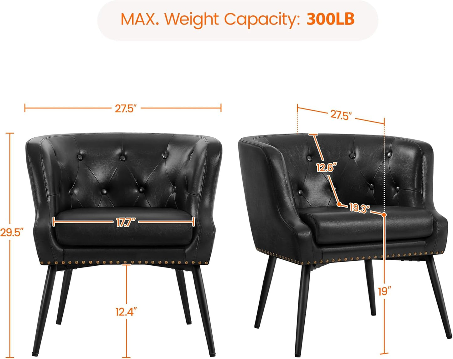 Topeakmart Mid-Century Modern Faux Leather Barrel Chair, Button Tufted Accent Armchair with Metal Leg, Recessed Armrest and Loose Seat Cushion for Living Room Bedroom, Black, 2pcs