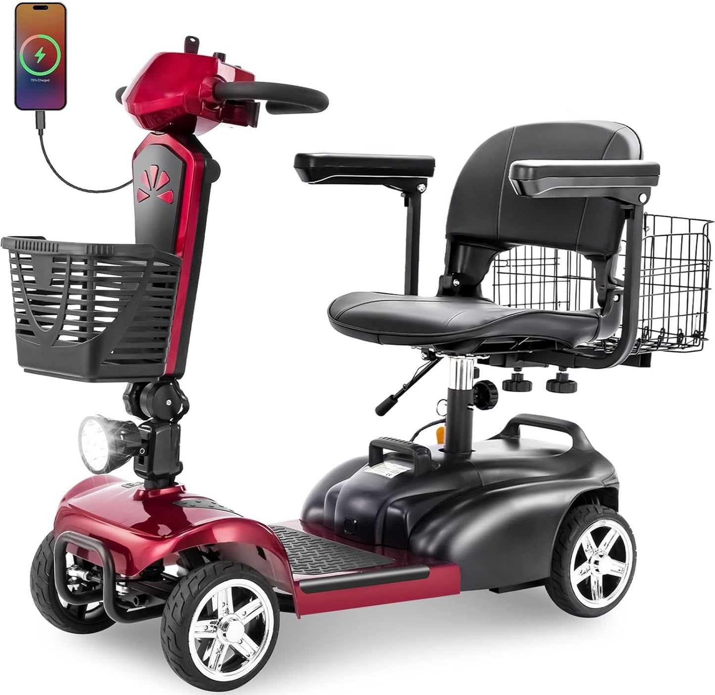 15/30/50Miles Eldryvon EV02 4 Wheels Electric Mobility Scooter for Seniors, Dual Basket, 350W Powered Wheelchair with Rotating Seat, Foldable Motorized Scooter for Adult with USB Port, 300Lbs Capacity