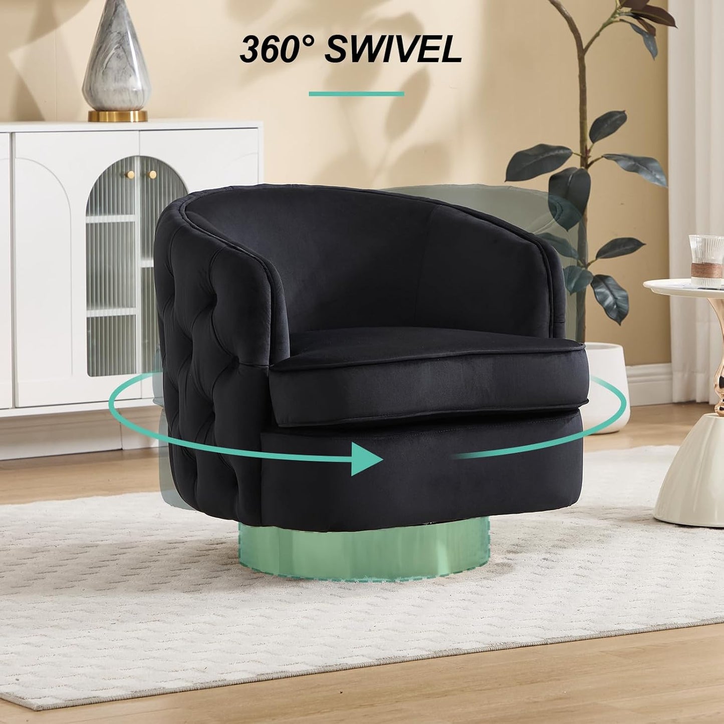 Black Modern Accent Chair, Swivel Barrel Armchair for Living Room, Button Tufted Velvet Comfy Chairs, Round Upholstered Single Sofa Seating with Gold Base