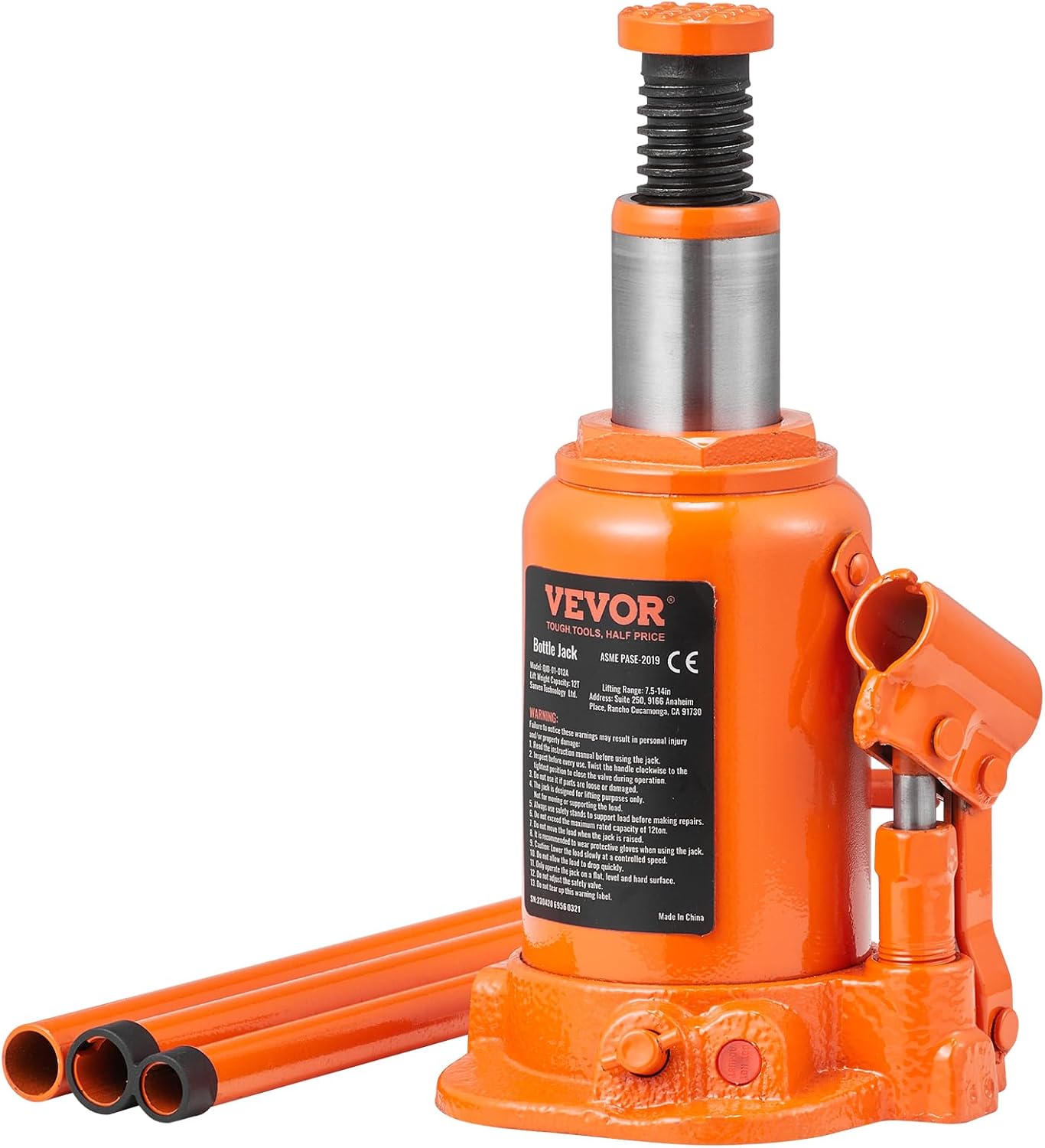 VEVOR Hydraulic Bottle Jack, 20 Ton/44092 LBS All Welded Bottle Jack, 7.5-14 inch Lifting Range, with 3-Section Long Handle, for Pickup Truck, Truck, Car, RV, Auto Repair, Industrial Engineering