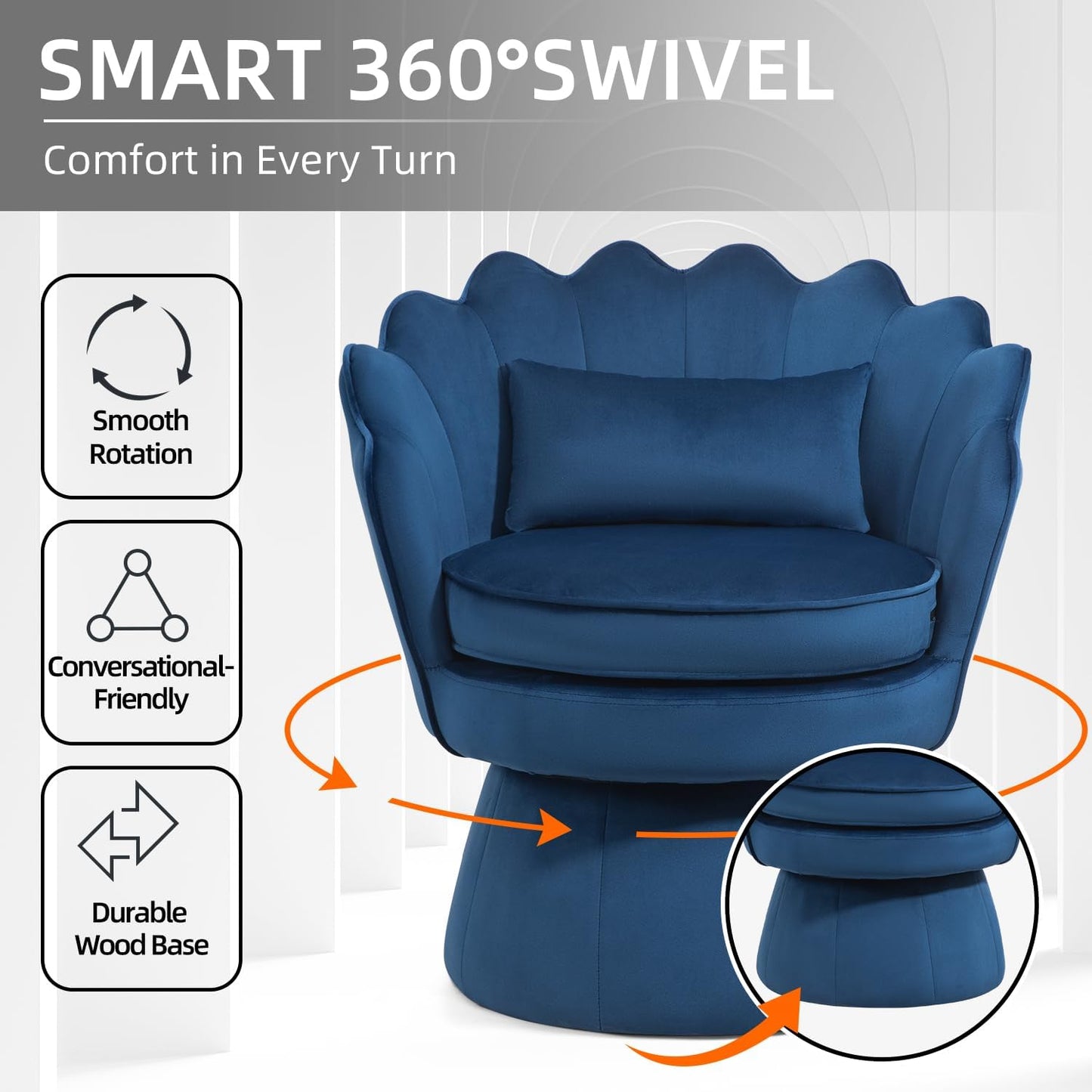 Swivel Barrel Chairs Set of 2, Small Accent Armchair, Navy Blue Velvet Upholstered, Mid-Century Modern Style, for Living Room/Bedroom/Waiting Room, for Relaxing & Reading, Pillow Included