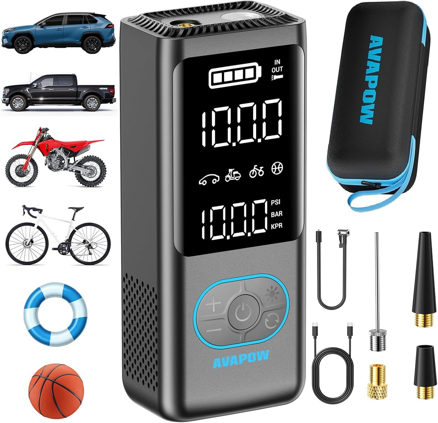 AVAPOW AP18 Tire Inflator Portable Air Compressor, 300% Faster 150 PSI Cordless Air Pump with Tire Pressure Gauge, 3.7″ Dual LCD Screen, Auto-Shuts Off Tire Pump for Car, Motorcycle, Bicycle, Purple