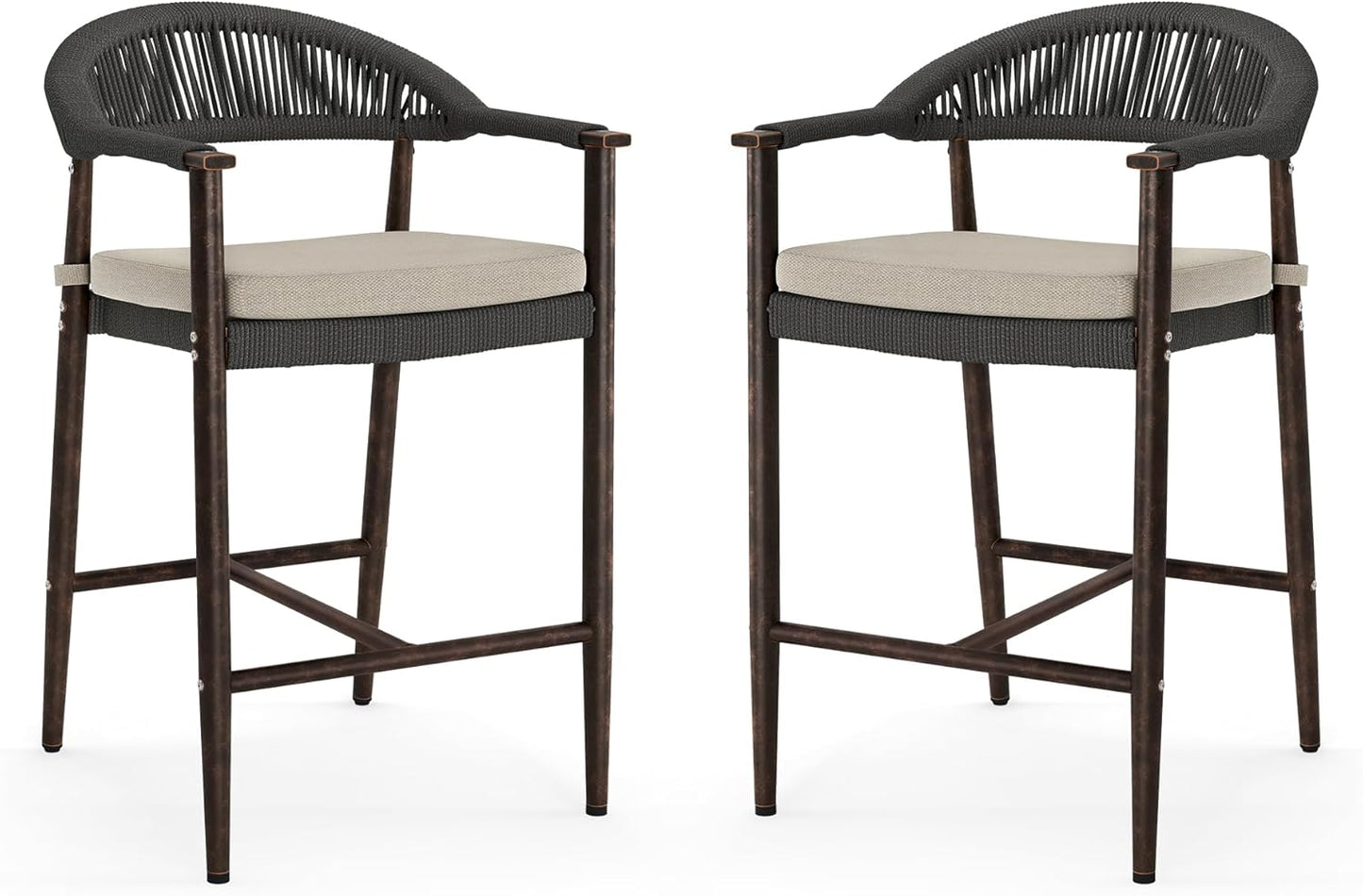 Bar Stools Set of 4, 24.8'' Aluminum Outdoor Bar Stool with Removable Cushion, Boho Rattan BarStools, Olefin Rope Woven Bar Chairs with Footrest for Patio, Garden, Pool, Kitchen, Black