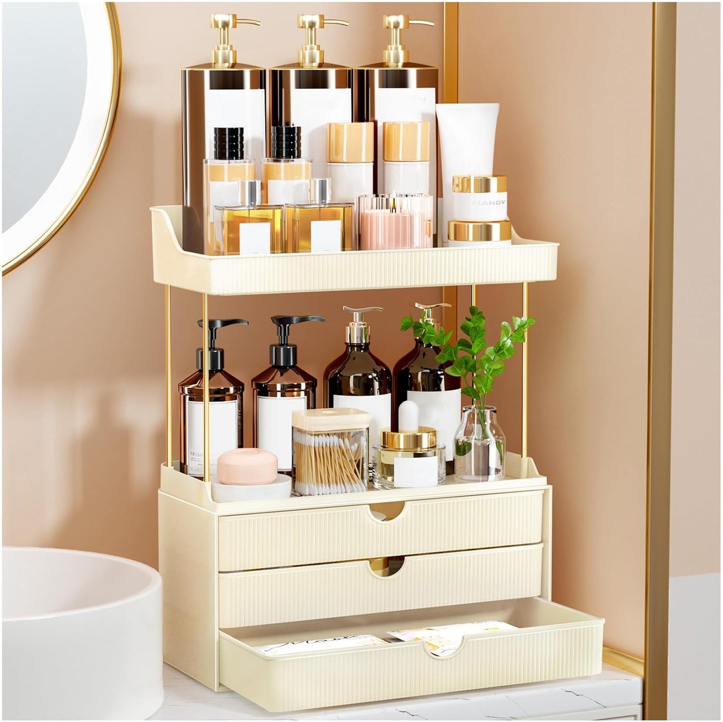 3 Drawers Makeup Organizer - 5 Tier Bathroom Organizers and Storage, Versatile Perfume Vanity Organizer, Ideal for Cosmetic, Large Skincare, Face Mask, Office Supplies, Amber