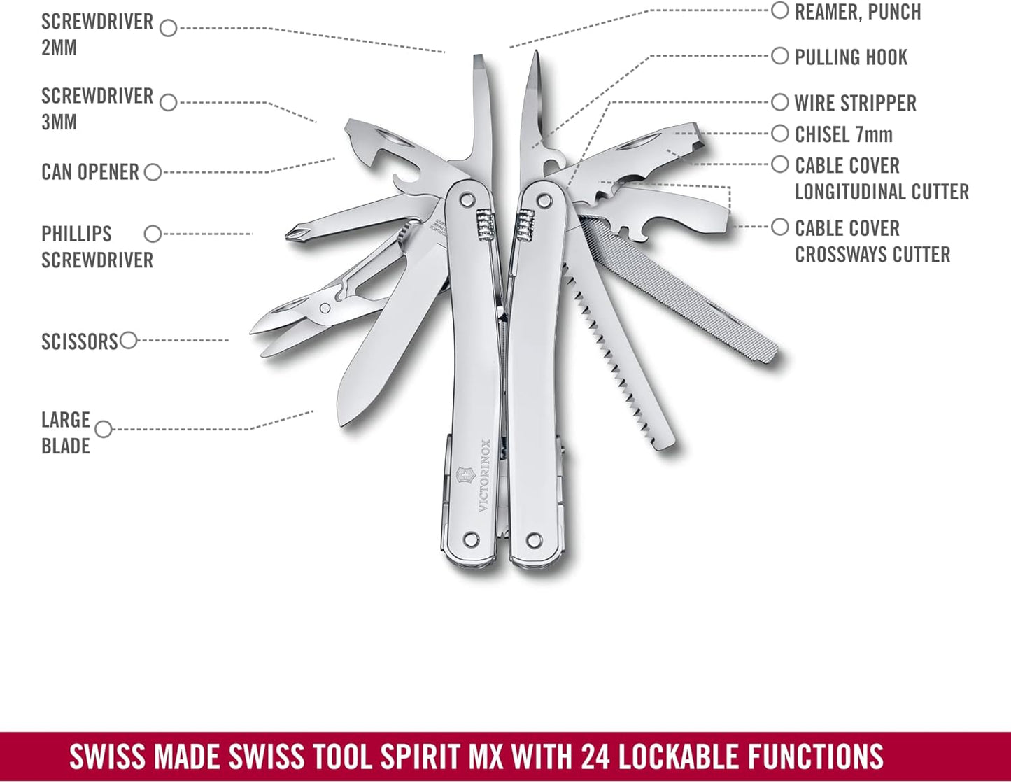 Victorinox Swiss Tool Spirit MX Swiss Army Knife, 24 Function Swiss Made Multitool with Large Blade, Pliers and Wire Cutter - Silver with Nylon Pouch