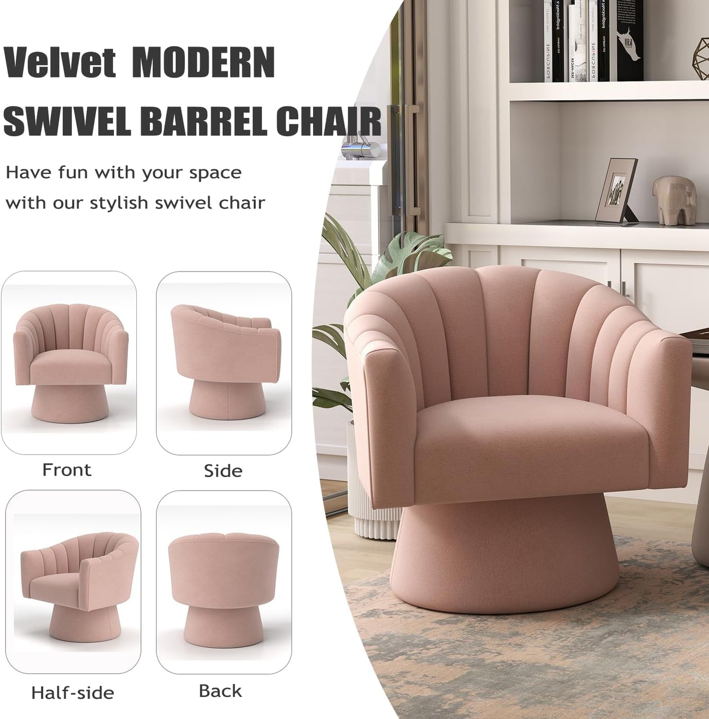 Swivel Accent Chair,Upholstered Velvet 360° Swivel Barrel Chair for Living Room Overstuffed Bouncle Reading Chair Round Armchair for Bedroom,Vanity,Office(Pink)