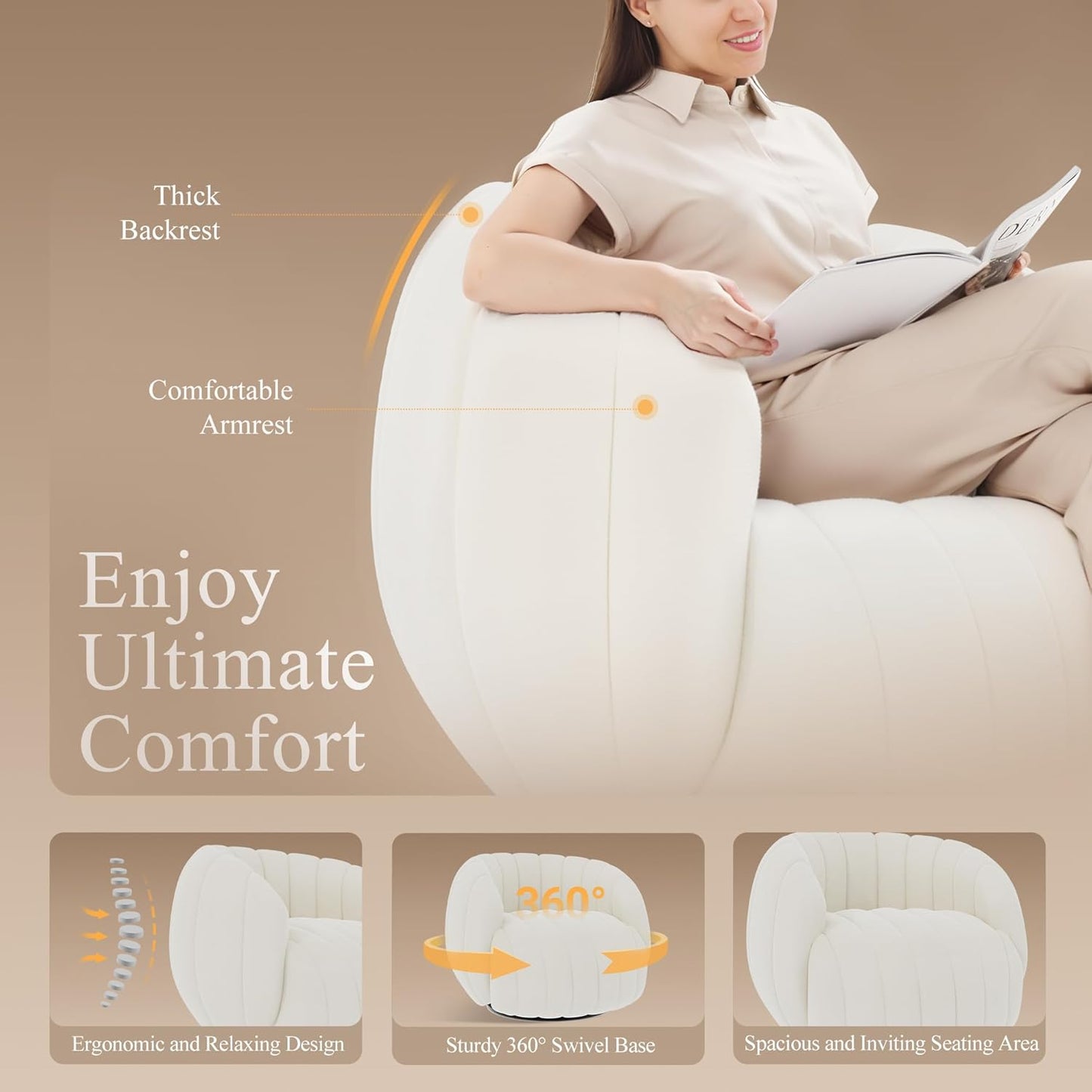 360° Swivel Accent Chair, Velvet Armchair with Lumbar Support, Modern Reading Chair for Living Room, Bedroom, or Office,Beige,1pc