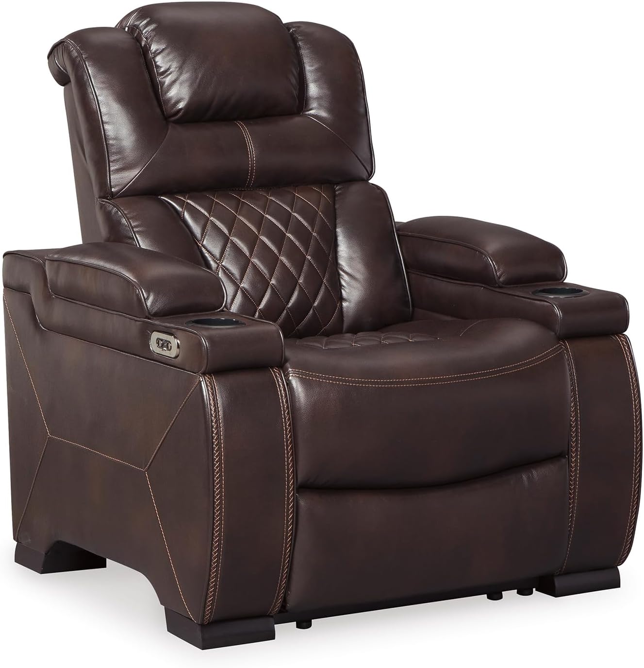 Signature Design by Ashley Wolfridge Contemporary Faux Leather Upholstered Power Recliner with Adjustable Headrest, USB Ports and 2 Cup Holders, Dark Brown