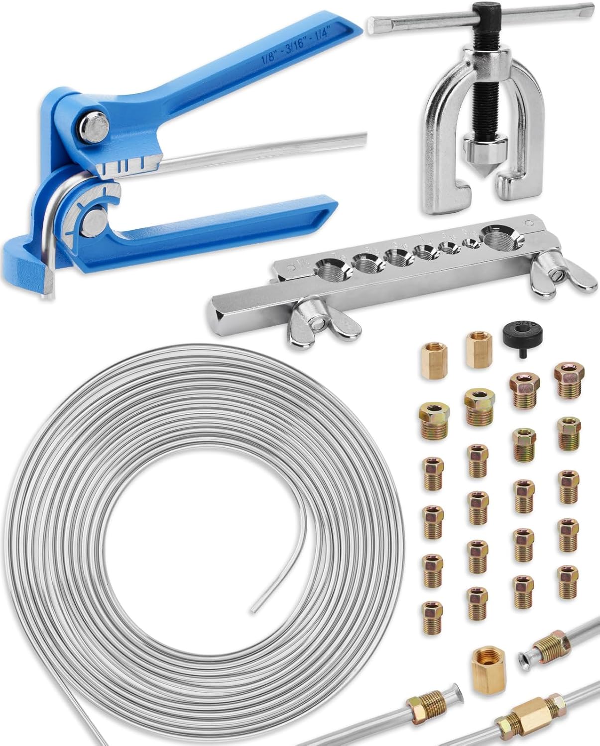25 ft 3/16in &1/4in Copper Coated Brake Line Flaring Tool Kit, Includes 3-in-1 Tube Bender, Double & Single Flaring Tool Set, 4 Threads Unions, 40 Fittings