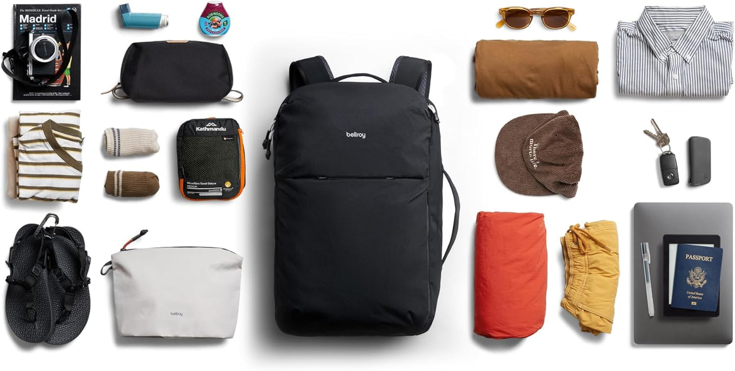 Bellroy Lite Travel Pack 38L (carry-on backpack, large travel backpack for international travelers, with laptop pocket, interior packing cells and tuck-away shoulder straps) - Black