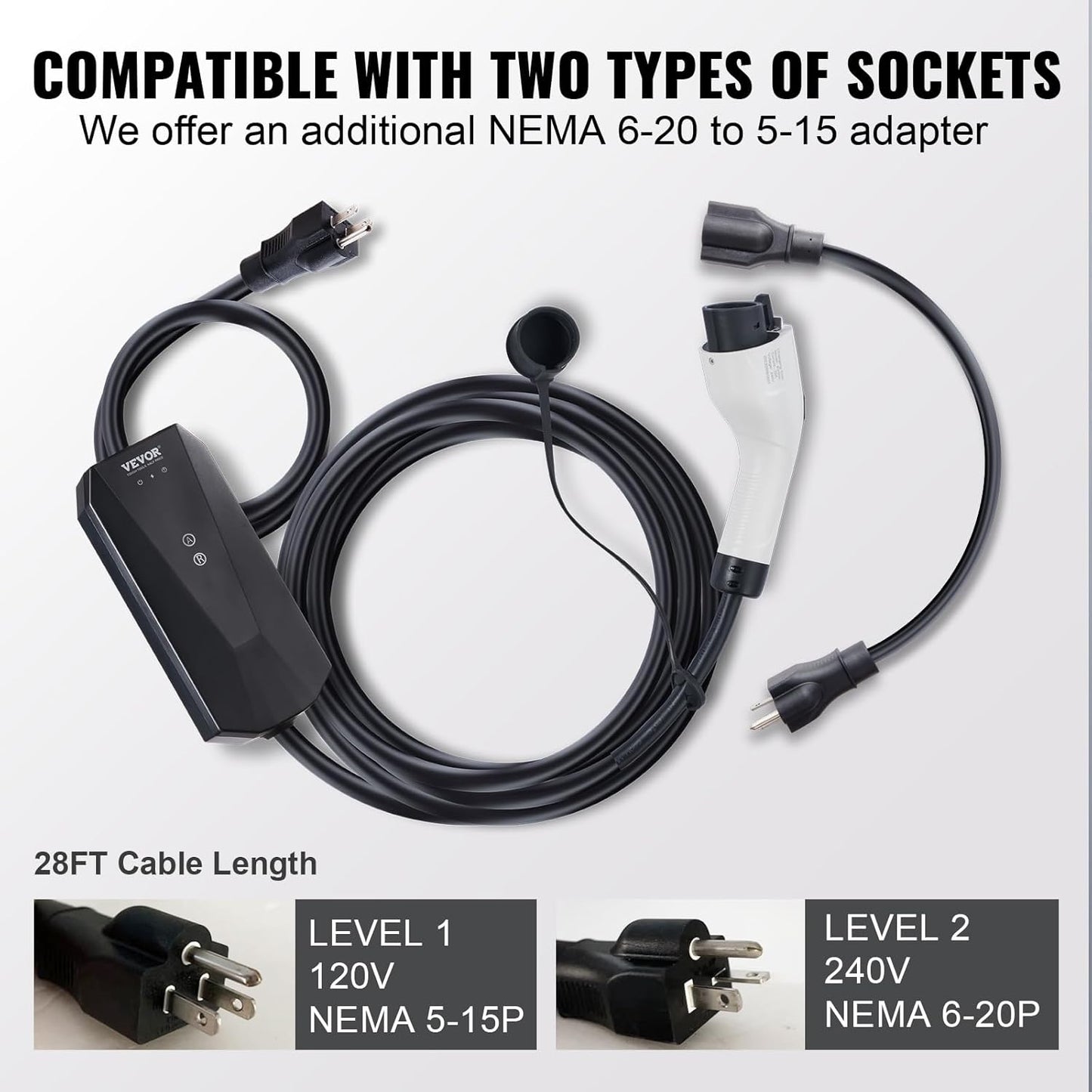 VEVOR Level 1+2 Portable EV Charger, 16 Amp 120V or 240V, Electric Vehicle Charger with 28-Foot Charging Cable NEMA 6-20P Plug NEMA 5-15 Adapter, Plug-in Home EV Charging Station for SAE J1772 EVs