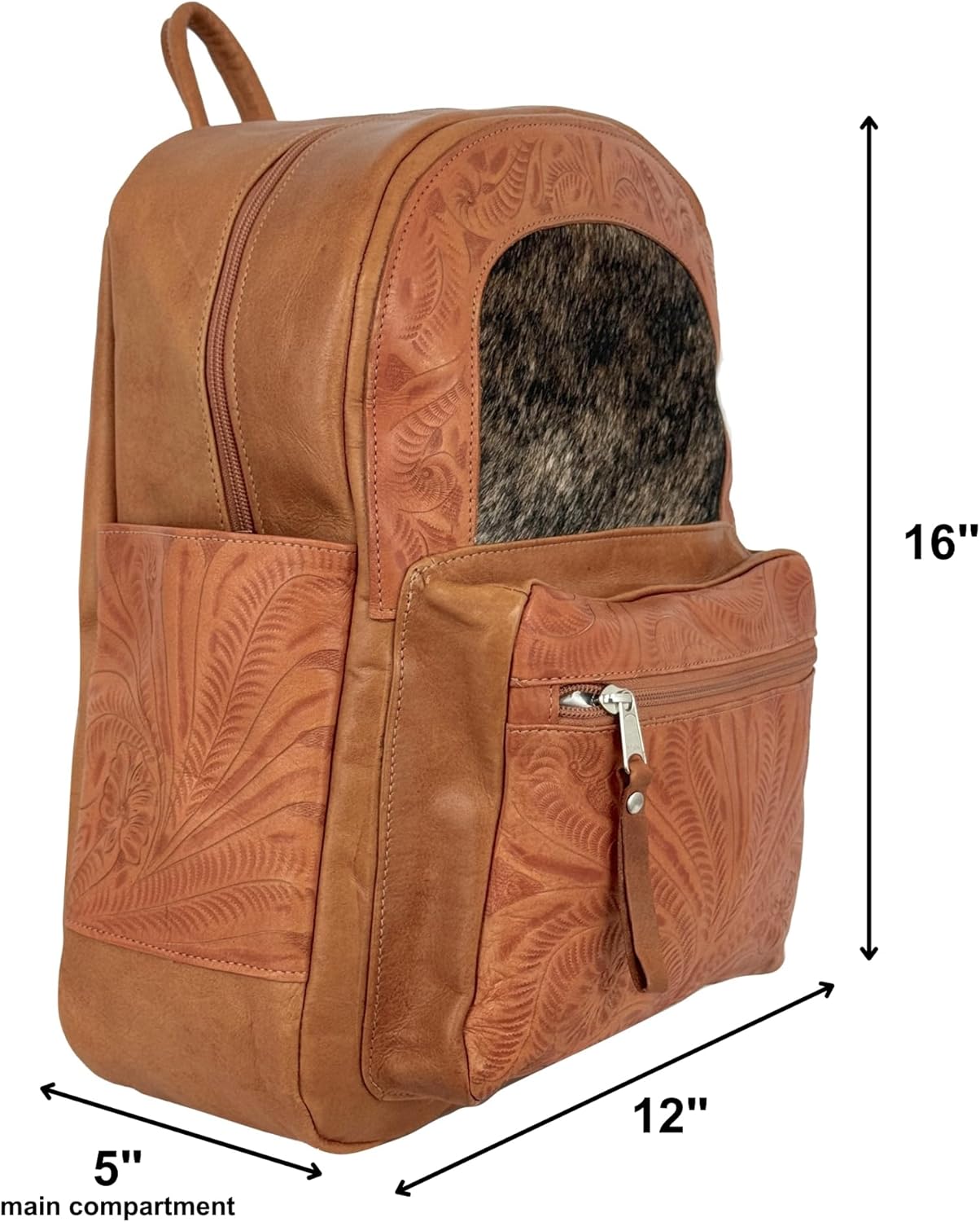 American West Classic Travel Backpack with Hair-on Hide, Genuine Hand Tooled Leather, Interior Laptop Sleeve (Natural Tan)