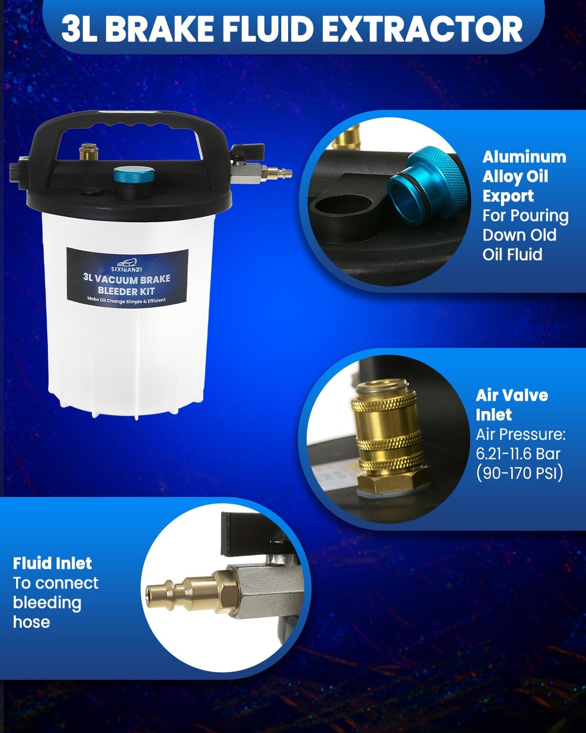 SIXIWANZI 3L Vacuum Brake Bleeder Kit, Pneumatic Fluid Extractor with 15 Adapters and 1L Refilling Bottle