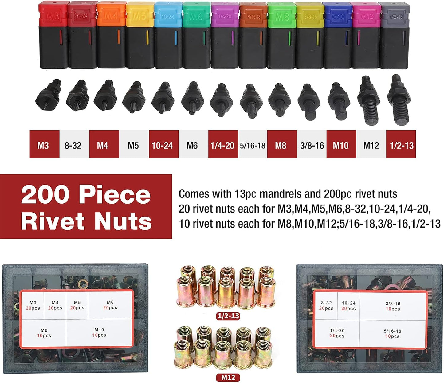 16" Rivet Nut Tool, Rivnut Tool Kit with 13 Metric and SAE Mandrels, Nutsert Rivet Tool Set with 200Pcs Rivnuts, Threaded Insert Hand Riveter with Rugged Carrying Case