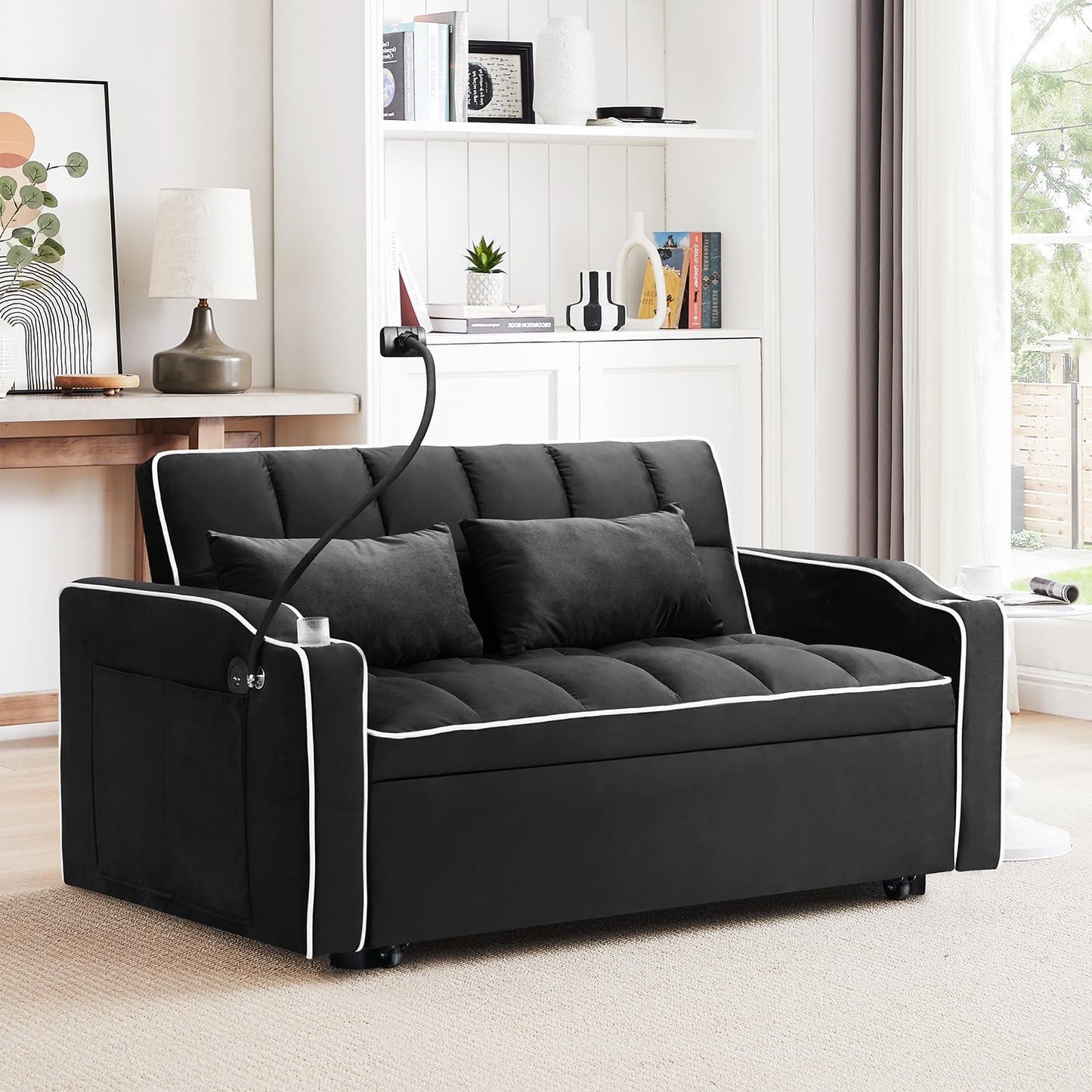3 in 1 Sleeper Sofa Chair Bed,Velvet Convertible Sleeper Chair,Pull Out Bed Chair with USB Port & Ashtray and Swivel Phone Stand & Storage Pockets,Modern Chair for Living Room