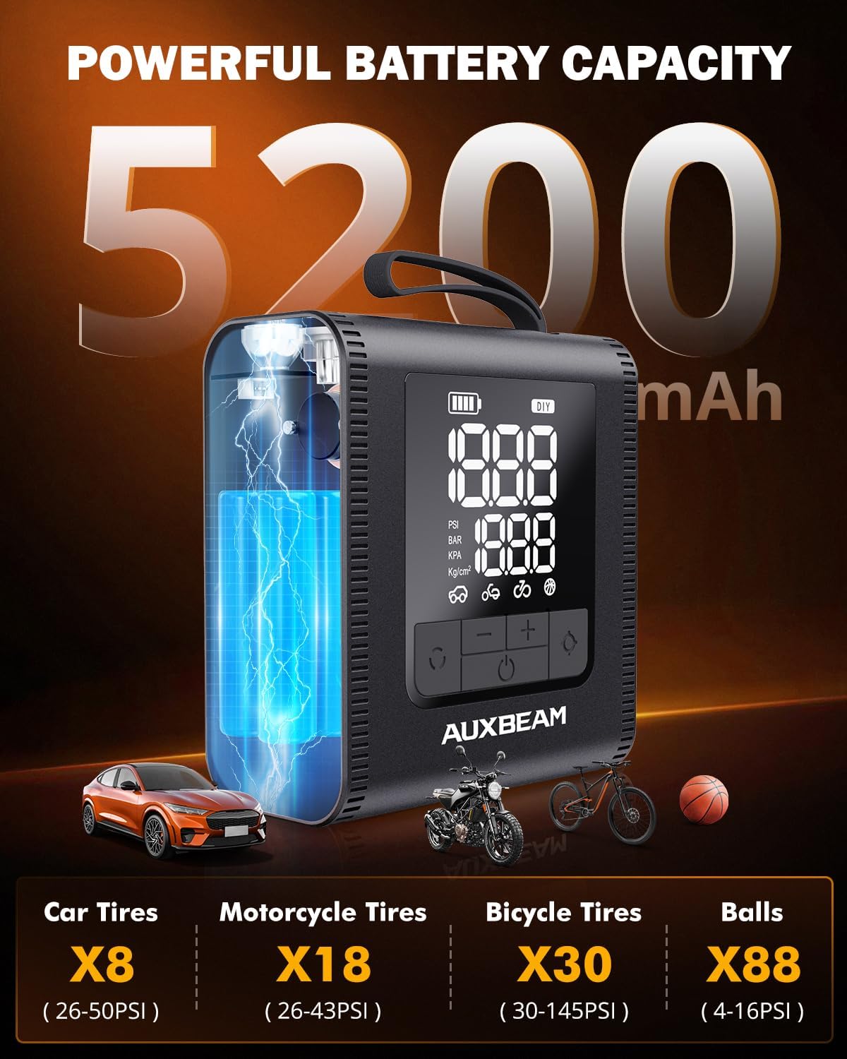 AUXBEAM H4Pro Tire Inflator Portable Air Compressor,150PSI 2 in 1 Rechargeable 5200mAh Car Tire Inflator Portable 4 Preset Inflation Modes 12V Air Pump With LCD Screen for Car, Motorcycle, Bike, Ball
