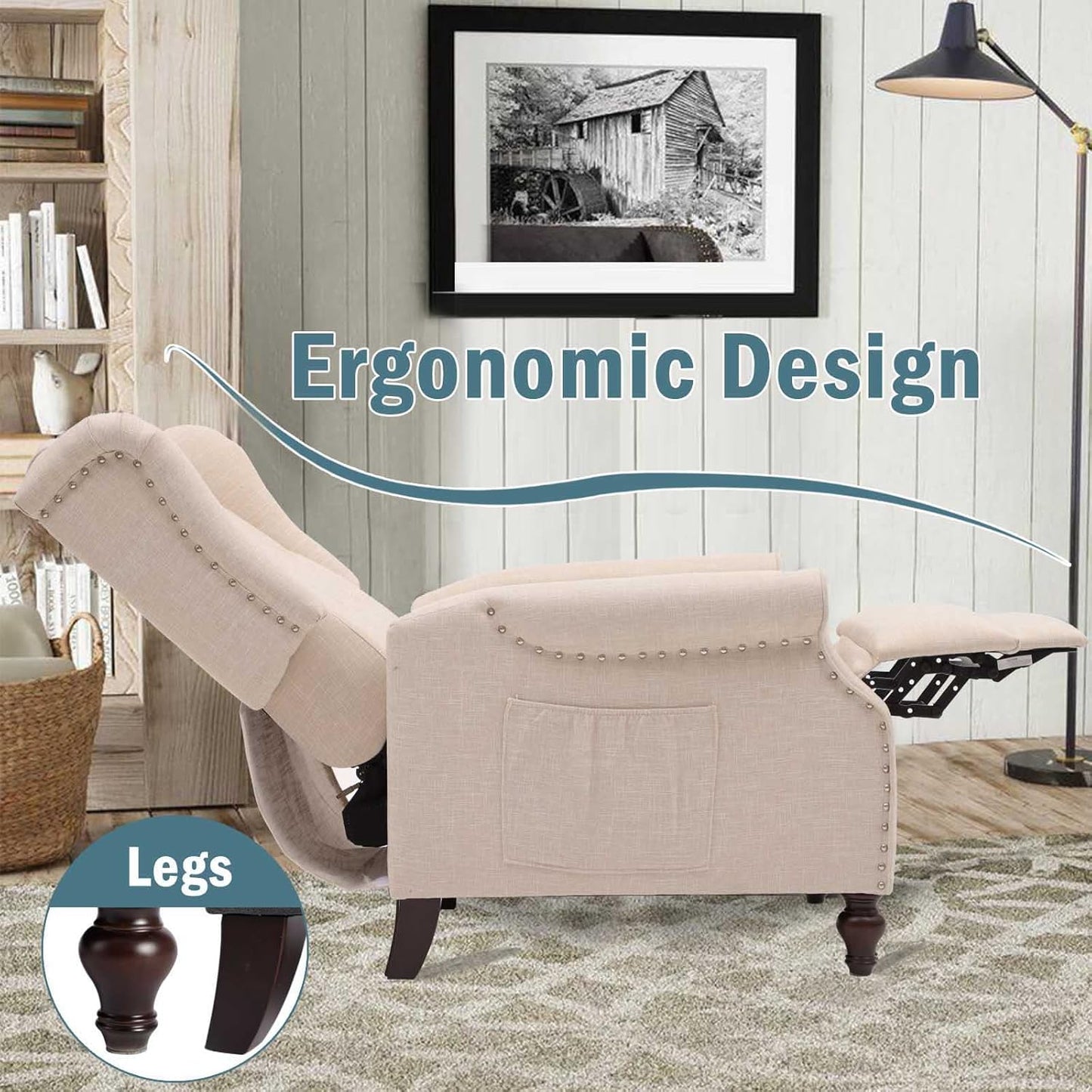 BINGTOO Wingback Recliner Chair with Massage and Heat Pushback Recliner Chair Mid Century Accent Chairs Tufted Fabric with Rivet Decoration for Living Room Bedroom