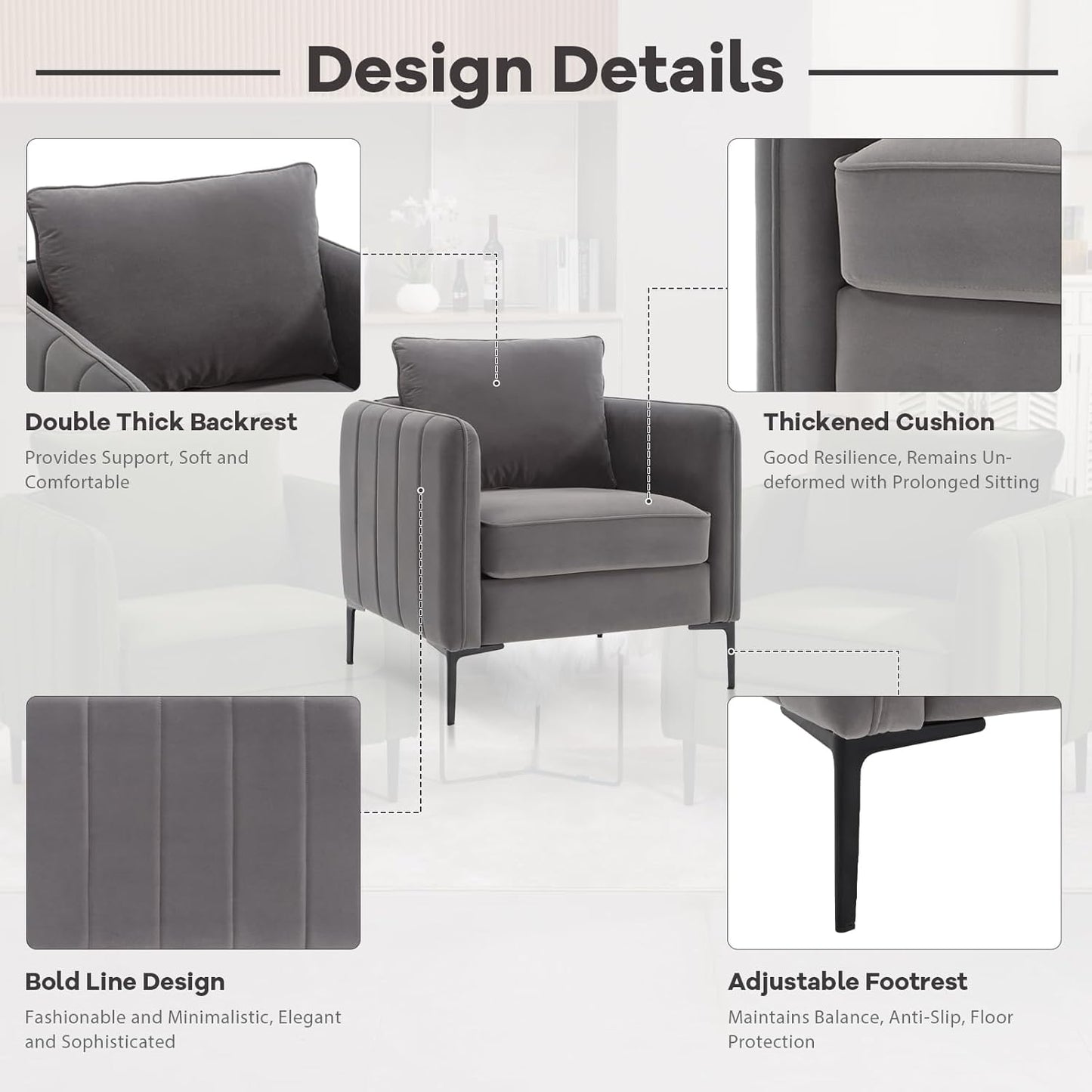 Accent Chair Set of 2 for Living Room, Velvet Comfy Single Sofa Chair Mid-Century Modern Armchair with 1 Pillow and Metal Legs for Bedroom Office Reading (Gray)