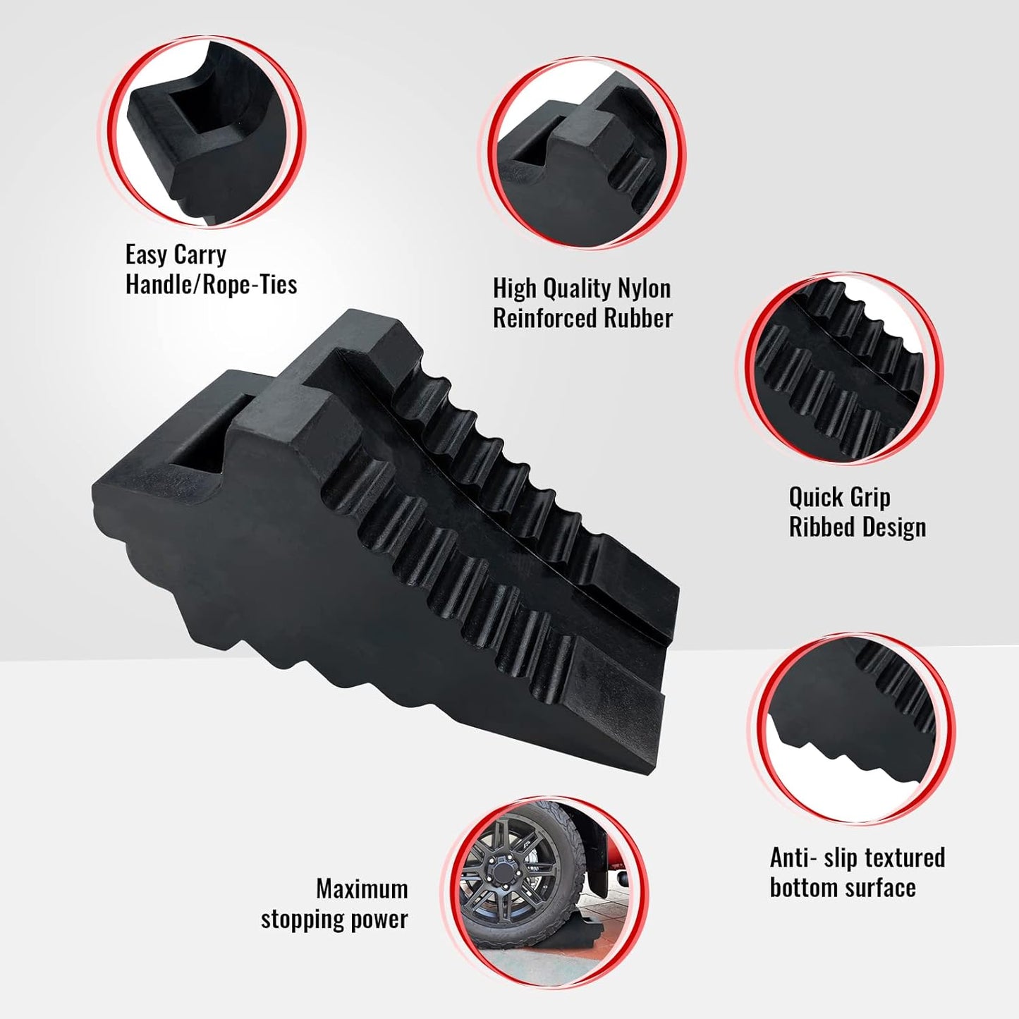 Solid Heavy Duty Rubber Wheel Chocks 4 Packs for Cars, RVs, Trucks, Trailers, ATV, and Vehicles, G.V.W. up to 8T, Anti Slip Bottom Tire Chock 8.6" x 3.7" x 4.7"