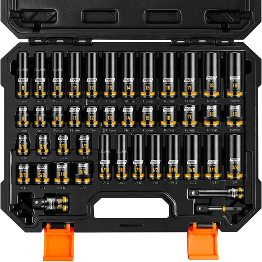 BOEN Pro 3\/8" Drive Impact Socket Set, 43-Piece SAE(5\/16"-3\/4") & Metric(8-19mm) set, 6-Point Deep & Shallow Kit with Deep Embossed and Painted Marking, CR-MO, Includes Extension Bar, Universal Joint