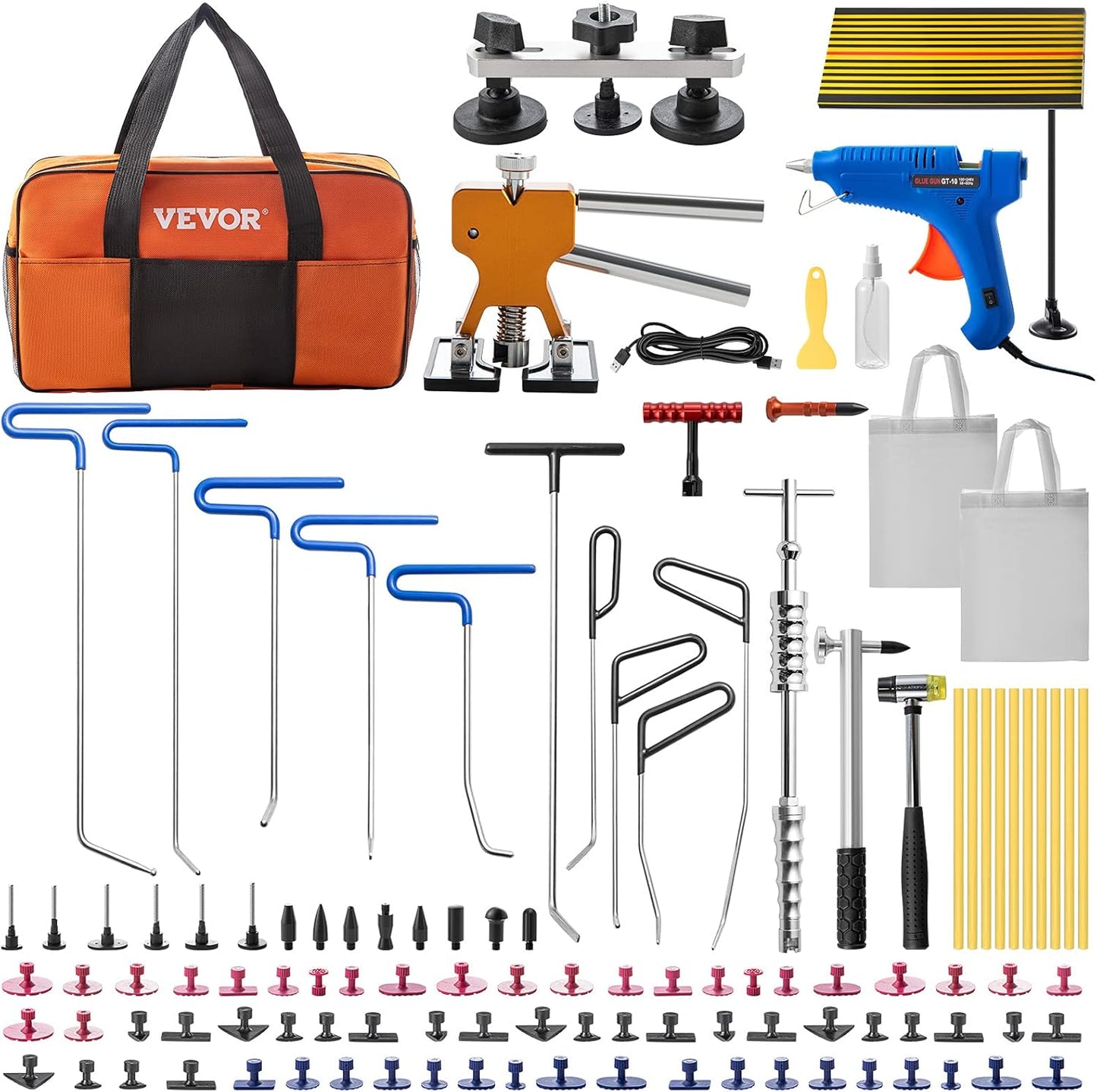 VEVOR 117 PCS Dent Removal Kit, Paintless Dent Repair Kit with Golden Lifter, Bridge Puller, Slide Hammer T-bar Dent Puller, Suction Cup Dent Puller for Auto Body Dents, Hail Damage, Door Ding