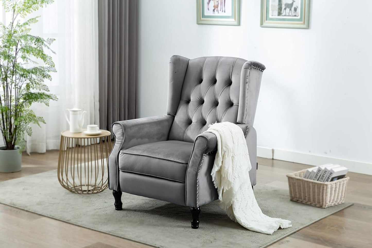 Artechworks Velvet Tufted Push Back Arm Accent Chair Recliner Single Reclining for Adjustable Club Chair Home Padded Seating Living Room Lounge Modern Sofa,Grey