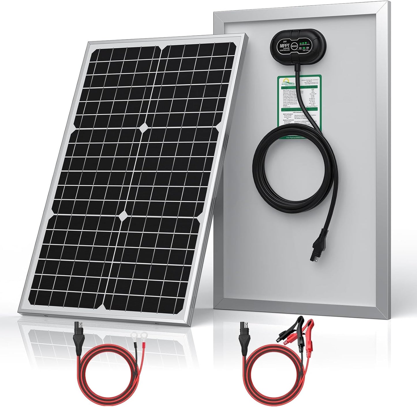 SUNER POWER 24V 20W Solar Battery Trickle Charger Maintainer, Built-in Smart MPPT Charge Controller, Waterproof 20 Watt Solar Panel Kits for 24 Volt Rechargeable Batteries