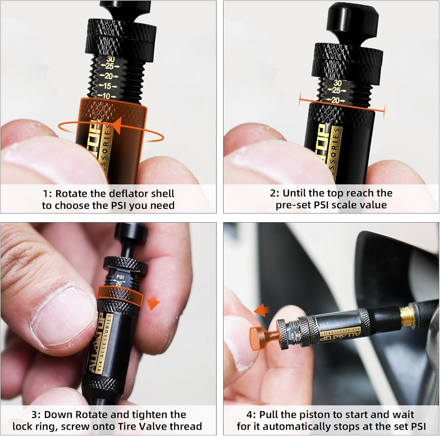 ALL-TOP Adjustable Auto-Stop Tire Deflator Valve Kit (10-30 PSI) 8 PCS Screw-on Tyre Air Down Tool for Offroad 4x4 (with 5 Valve caps)