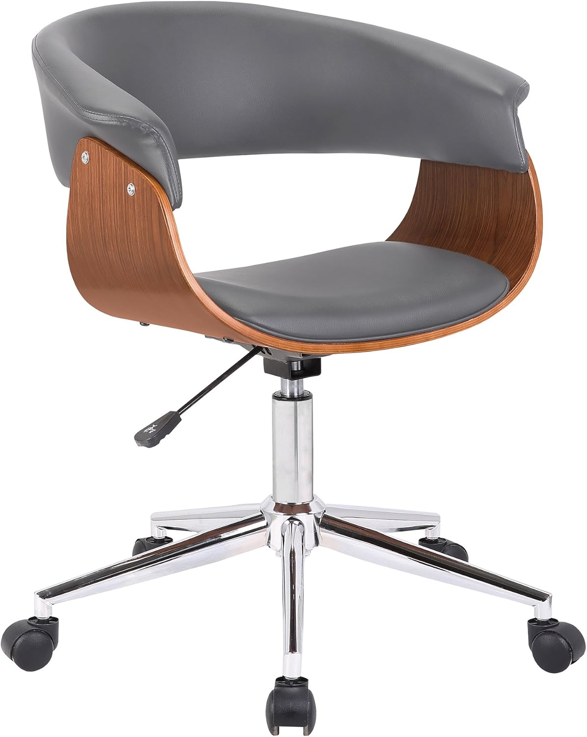 Armen Living Century Office Chair in Black Faux Leather and Walnut Wood, Chrome Finish