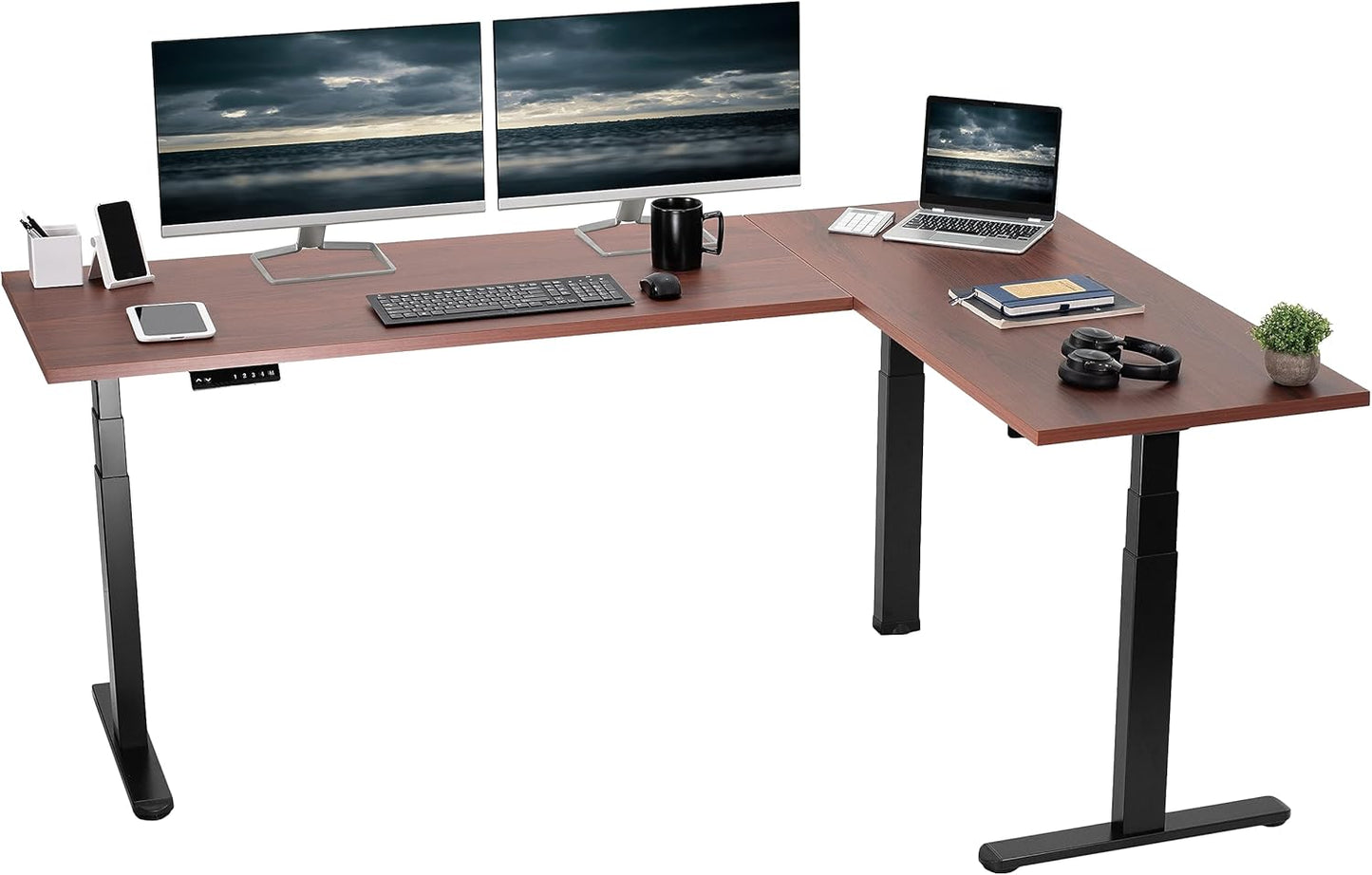 VIVO Electric Height Adjustable 83 x 60 inch Corner Stand Up Desk, 2 Light Wood Solid Table Tops, White Frame, Memory Controller, L-Shaped Workstation, 3E Series, DESK-KIT-3E8C