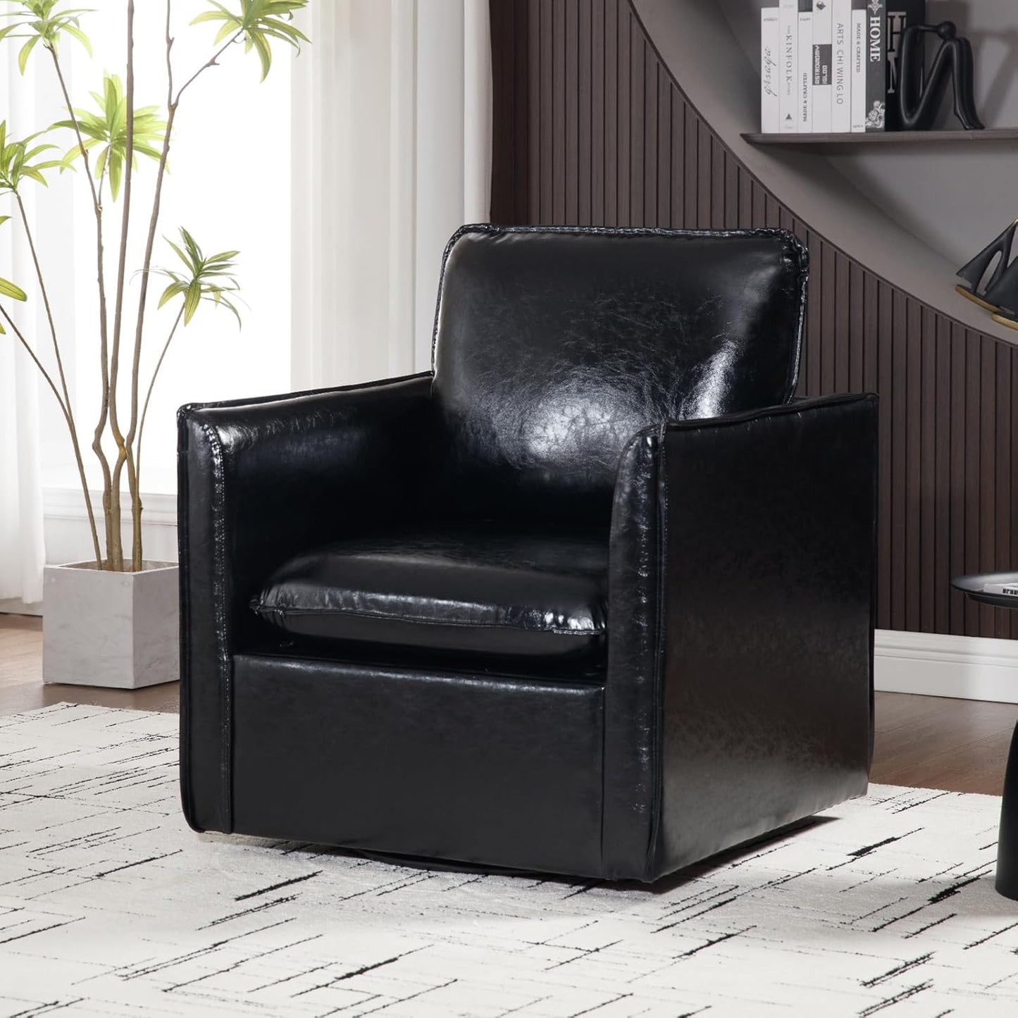 Swivel Accent Chair Set of 2, Leather Upholstered Arm Chair with Back Pillow Mid Century Modern Barrel Chairs for Living Room, Bedroom, Corner, Club (Black)