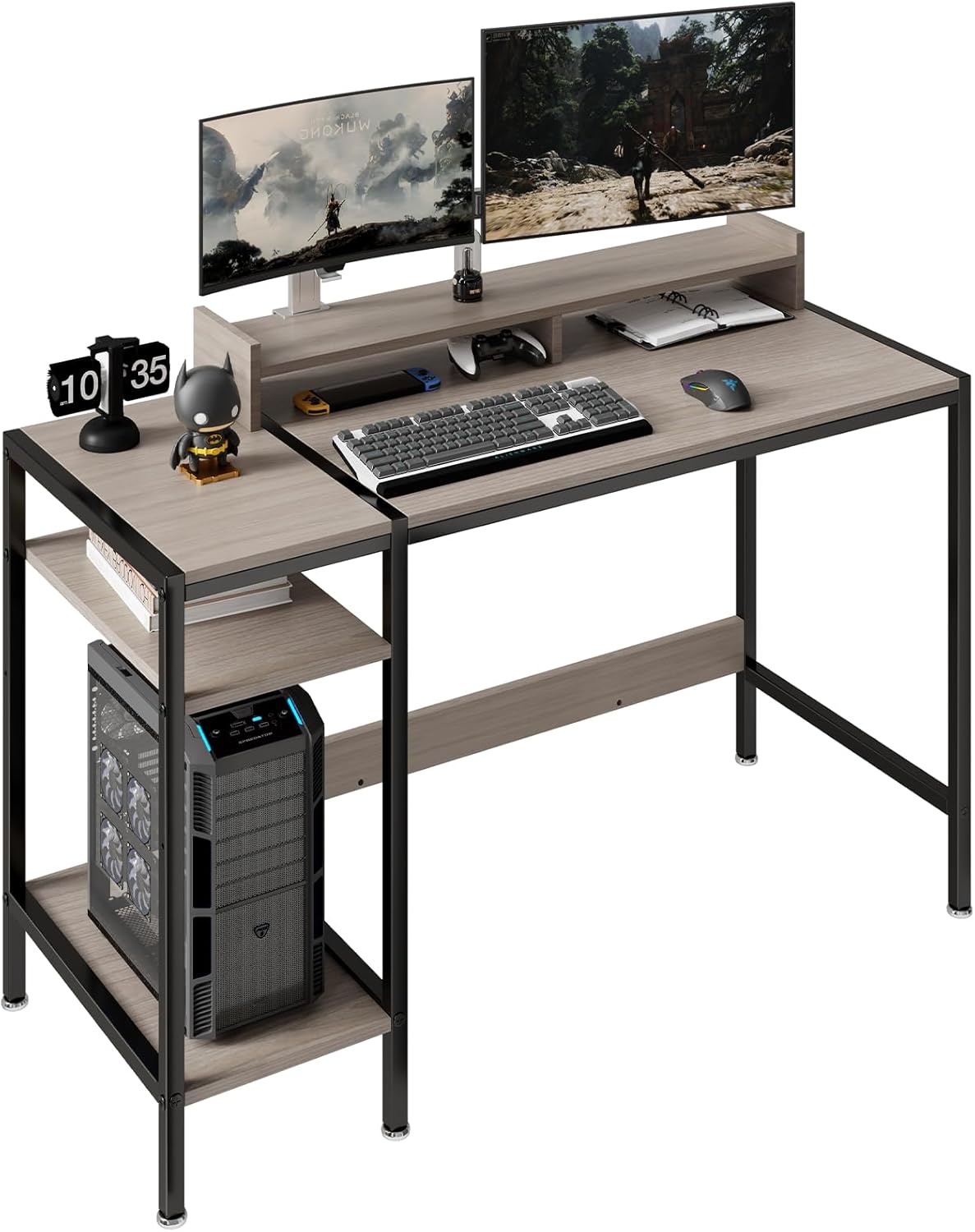55 inch Grey Computer Desk Gaming Desk with Monitor Stand, Home Office Desk for 2 Monitors, Writing Desk with Adjustable Storage Space,Sturdy and Durable Modern Small Desk