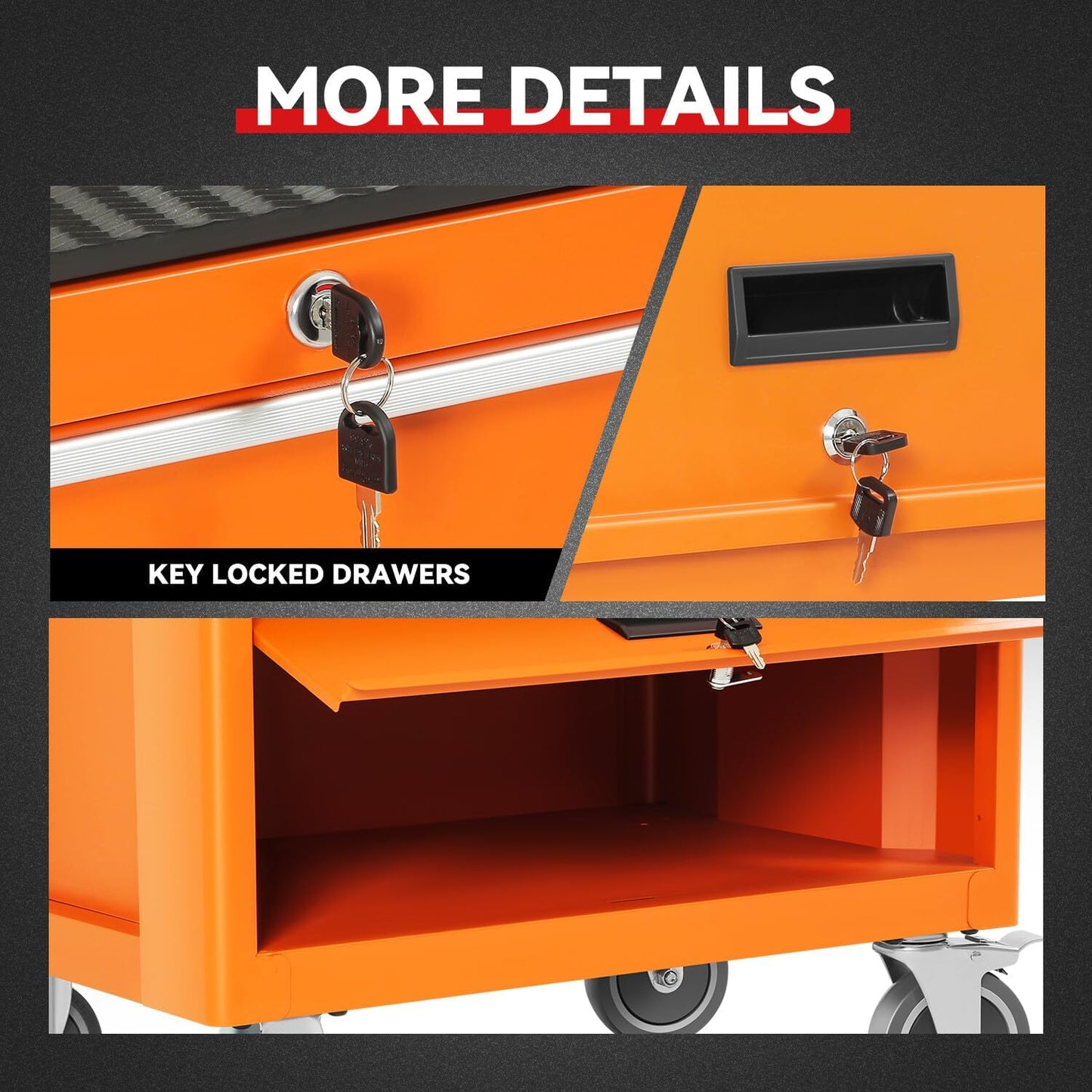Auto Dynasty 3-Drawer Rolling Tool Cabinet, Roller Cart Tool Cabinet Storage Chest Box with Wheels and Key Lock for Garage Warehouse Workshop, Orange