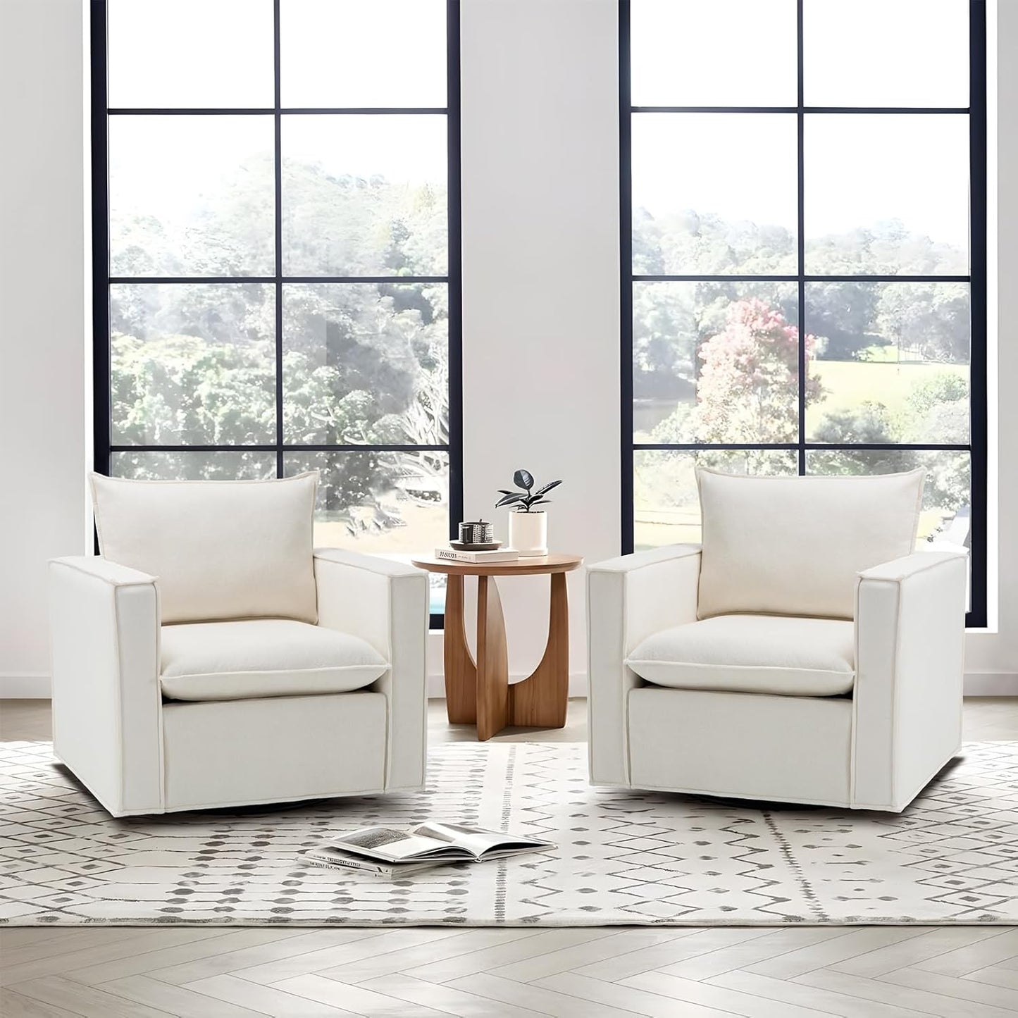 Swivel Accent Chair, 34 Inches Wide Upholstered Arm Chair with Plump Back Pillow, Modern Sofa Living Room Chair for Bedroom, Corner, Reading Nook-Beige