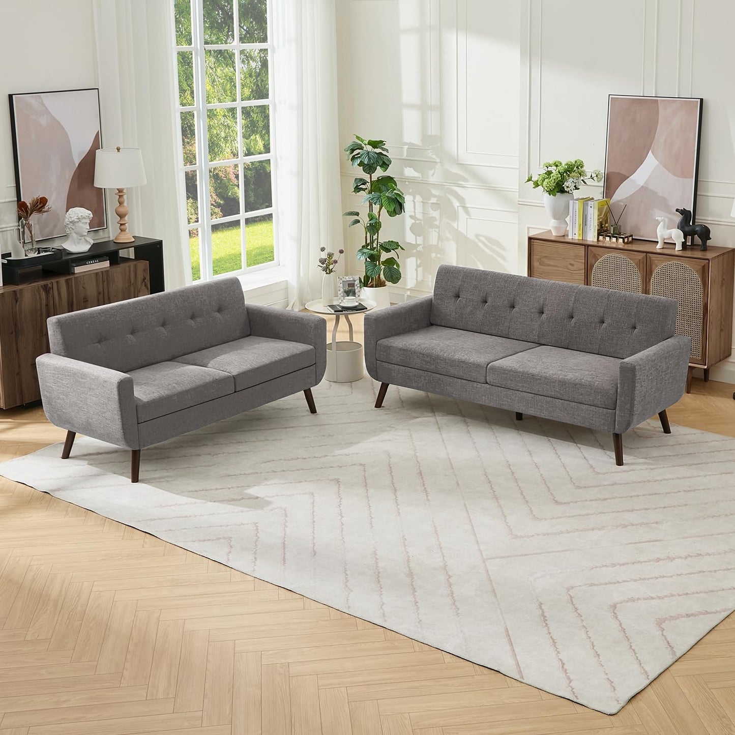 Tbfit 65" W Loveseat Sofa, Mid Century Modern Decor Love Seat Couches for Living Room, Button Tufted Upholstered Small Couch for Bedroom, Solid and Easy to Install Love Seats Furniture, Beige