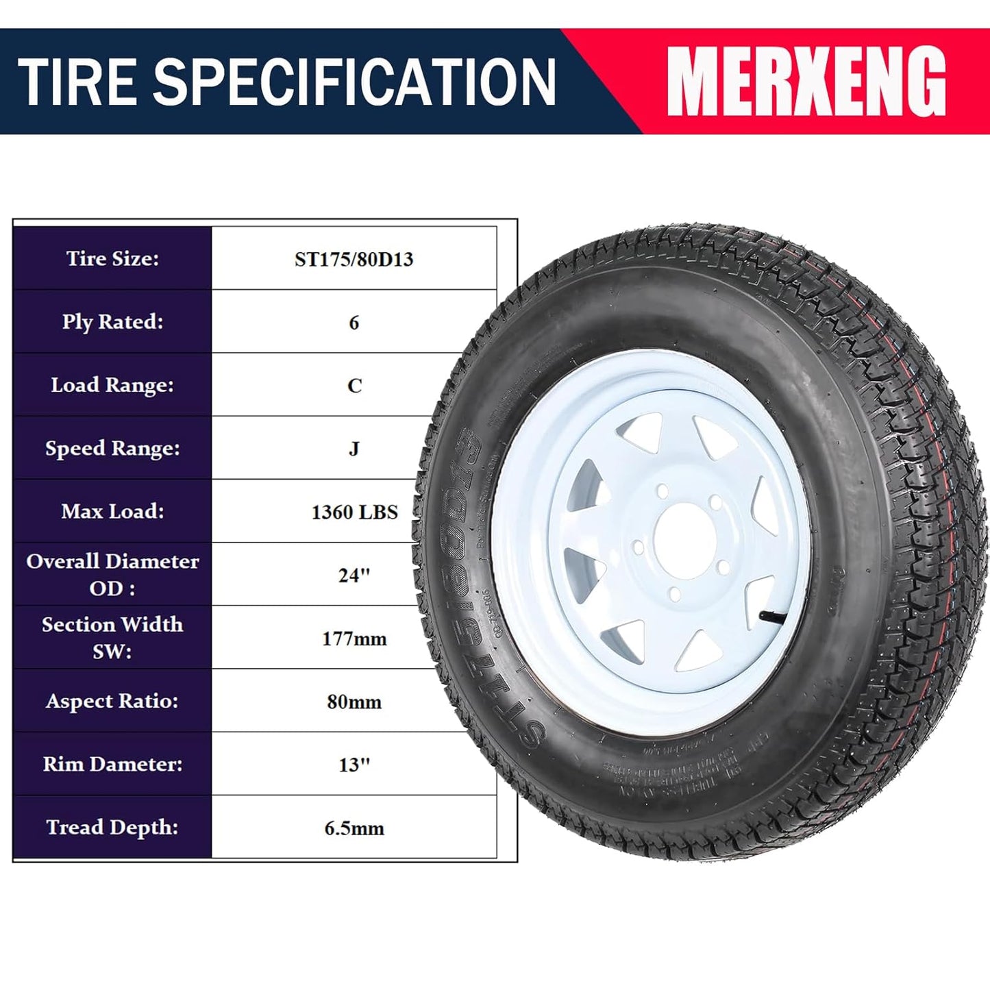 Trailer Tires Rims ST175/80D13 175 80 13 Tire, 5 Lug on 4.5", White Spoke Wheel Load Range C, 6 PLY, Set of 2