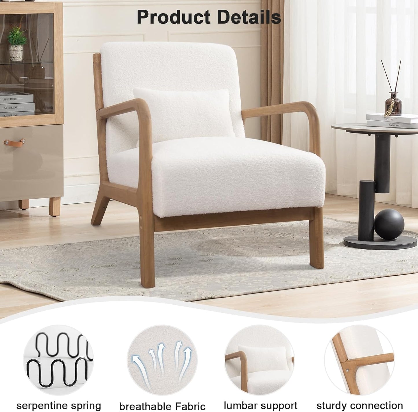 ANJ Modern Arm Chairs Set of 2, Mid-Century Modern Accent Chair Upholstered Lounge Chair with Pillow and Solid Wood Frame, Comfy Lambswool Chairs for Living Room