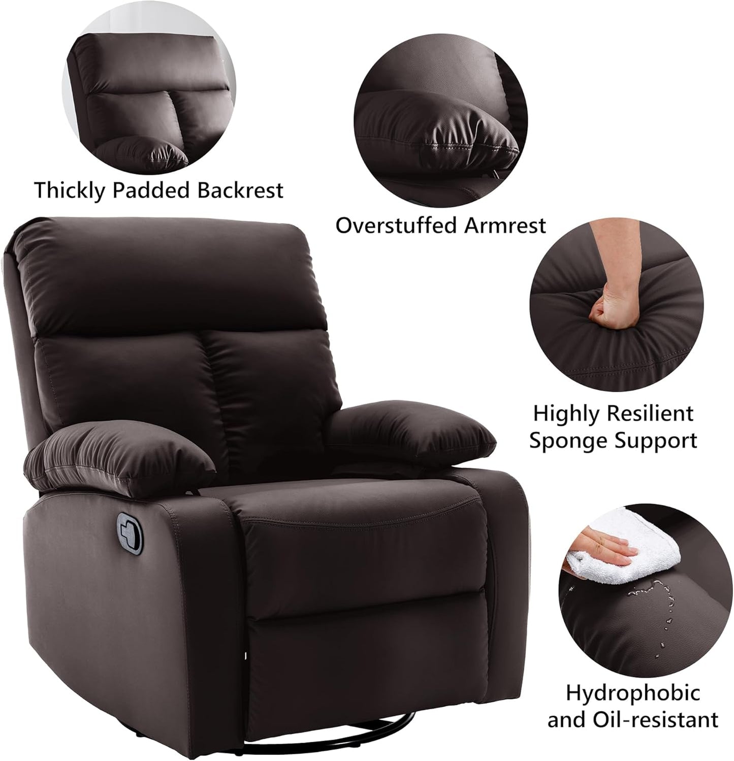 Swivel Rocker Recliner Chair, Small Manual Reclining Chair with Overstuffed Arm and Back, PU Leather Single Sofa Seat for Living Room, Bedroom, Dark Brown