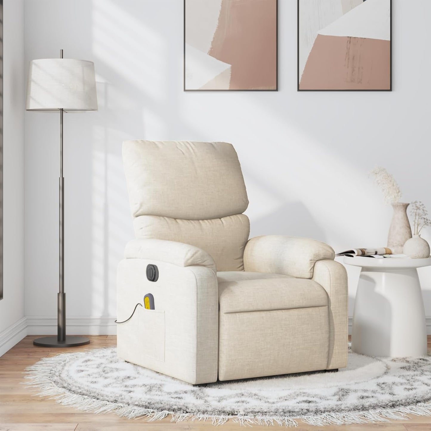 vidaXL Fabric Massage Recliner Chair for Living Room, Home Theater, 6-Point Vibration Massage, Adjustable Back & Footrest, Side Pocket, Cream
