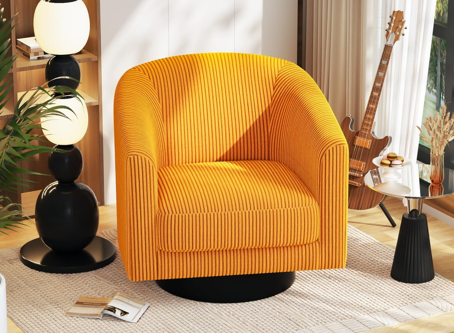 Swivel Accent Chairs Set of 2, 360° Bucket Chair, Modern Upholstered Barrel Armchair, Comfy Corduroy Single Sofa for Living Room Bedroom. Forest Green