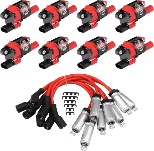 Set of 8 Round Ignition Coil UF414 + 748UU Spark Plug Wire Set, Compatible with Chevrolet GMC Pontiac Impala Corvette Tahoe Express Escalade Silverado 1500 2500 3500, Replacement for C1512 UF414 D514A