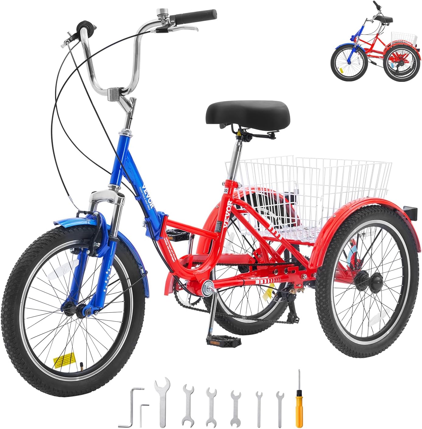 VEVOR Folding Adult Tricycle,Adult Folding Trikes, 3 Wheel Cruiser Bike with Large Basket & Adjustable Seat, Shopping Picnic Foldable Tricycles for Women, Men, Seniors