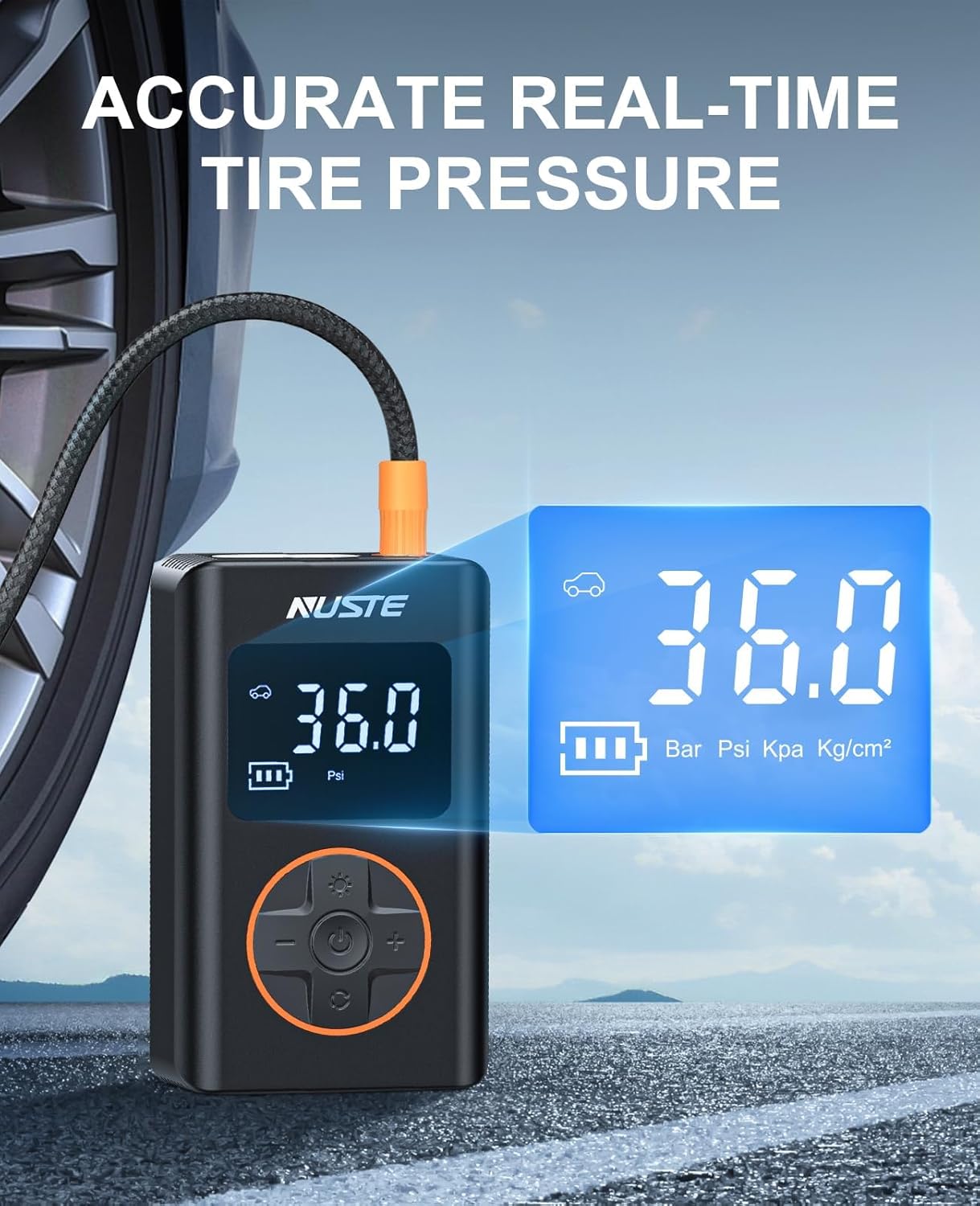 Tire Inflator Portable Air Compressor with Upgrade Dual Screen, 150 PSI Cordless Air Pump for Car, Bicycle, Motorcycle Tires & Balls, Electric Bike Tire Pump with Pressure Gauge, LED Light