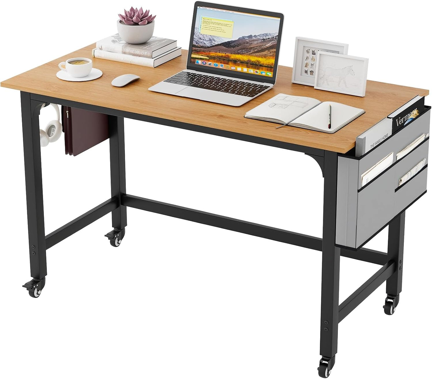 Tangkula 48” Mobile Computer Desk with Storage Bag & 2 Hanging Hooks, Rolling Home Office Writing Study Desk, Rolling PC Workstation with Lockable Universal Casters for Study Room, Bedroom