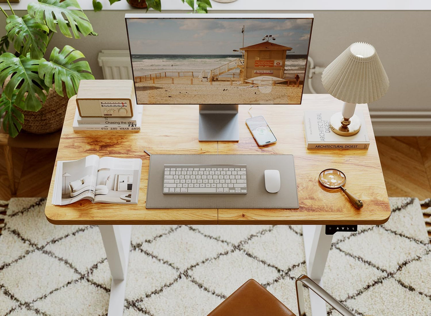BANTI 44"x24"Electric Standing Desk, Stand up Height Adjustable Home Office Table, Sit Stand Desk with Splice Board, Light Rustic Brown Top