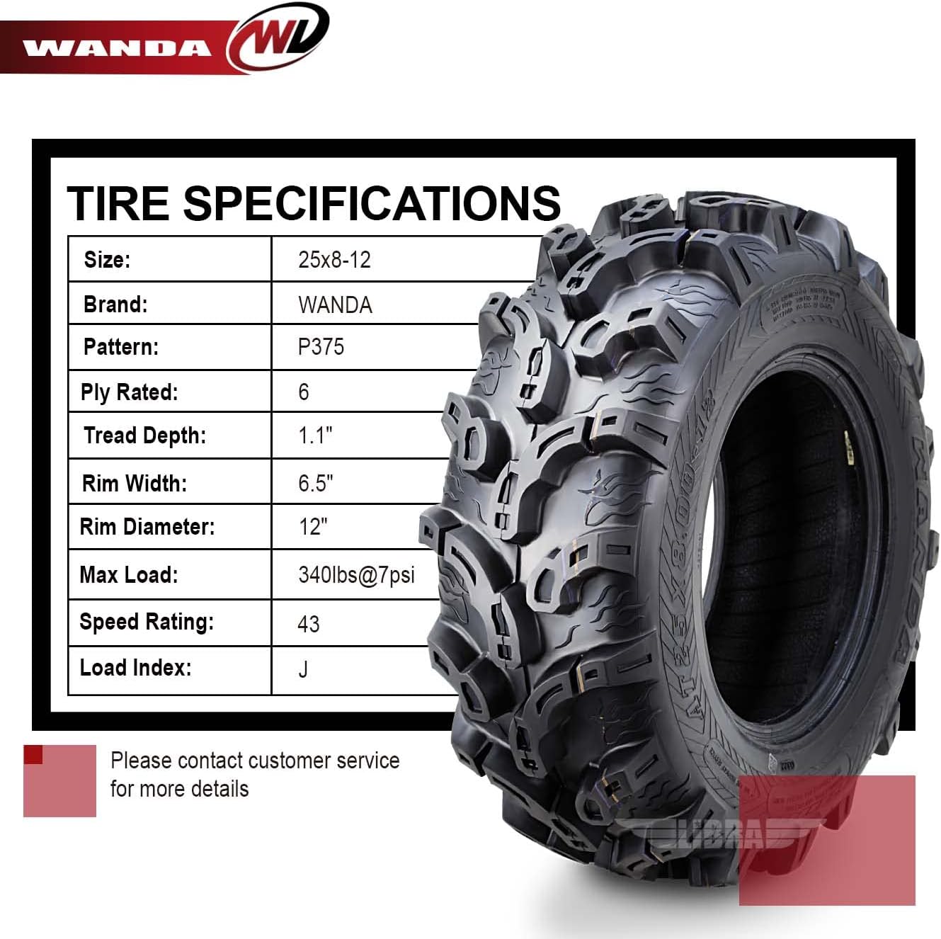 WANDA 2 Premium UTV ATV Tires 25X8-12 25X8X12 Super Mud Snow 6PR P375-10212