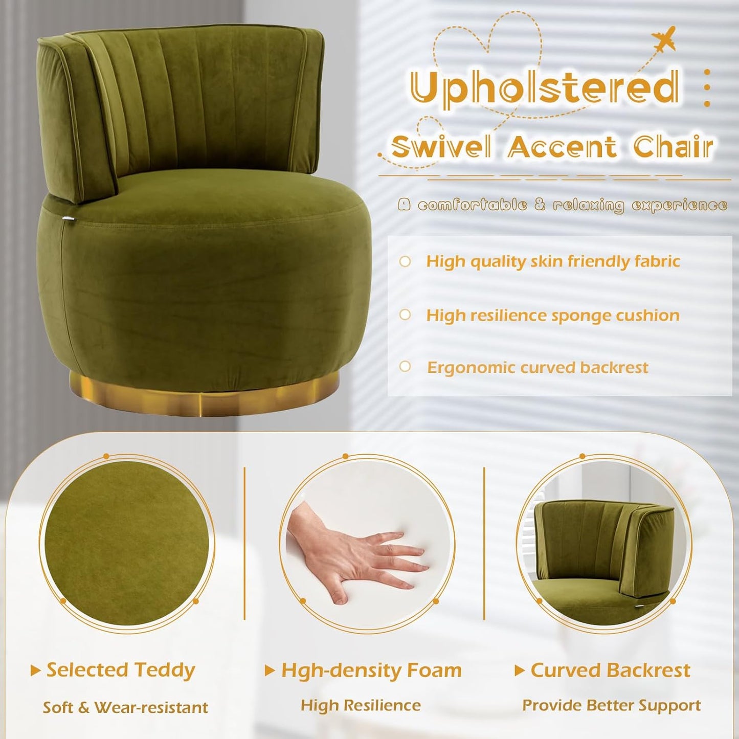 Velvet Swivel Barrel Chairs Set of 2, Upholstered 360-Degree Swivel Accent Armchair, Modern Comfy Round Leisure Sofa Chair for Small Living Room, Bedroom, Nursery Room, Lounge, Office, Olive