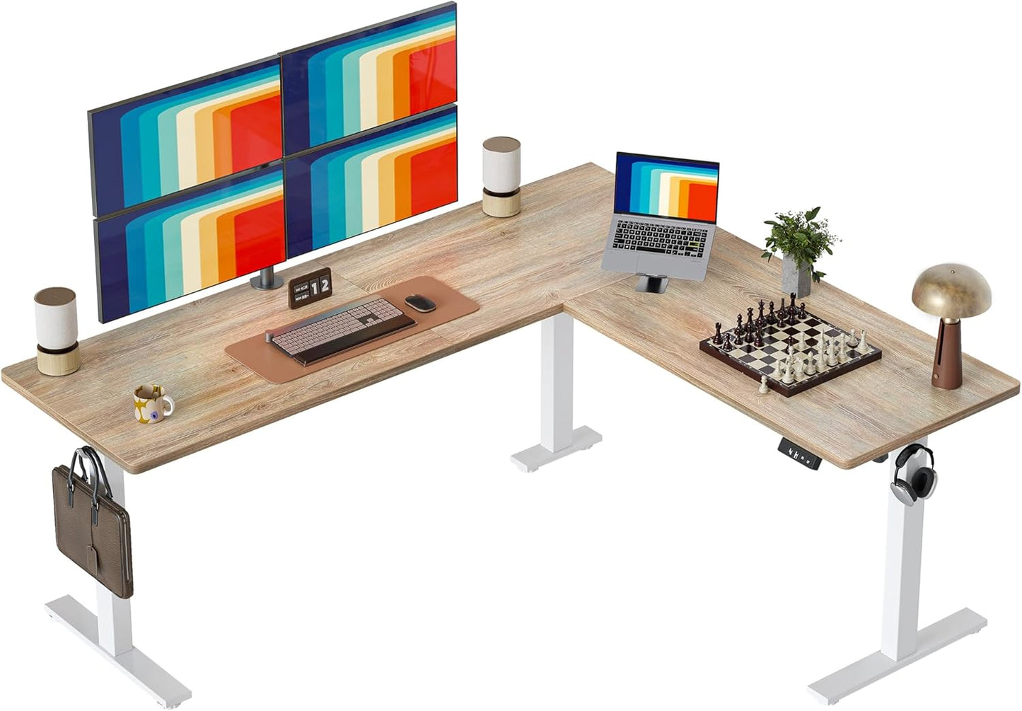 TIQLAB 63 x 55 inch L Shaped Standing Desk Adjustable Height, Electric Corner Standing Desk, Sit Stand Computer Table with Splice Board, Rustic Brown