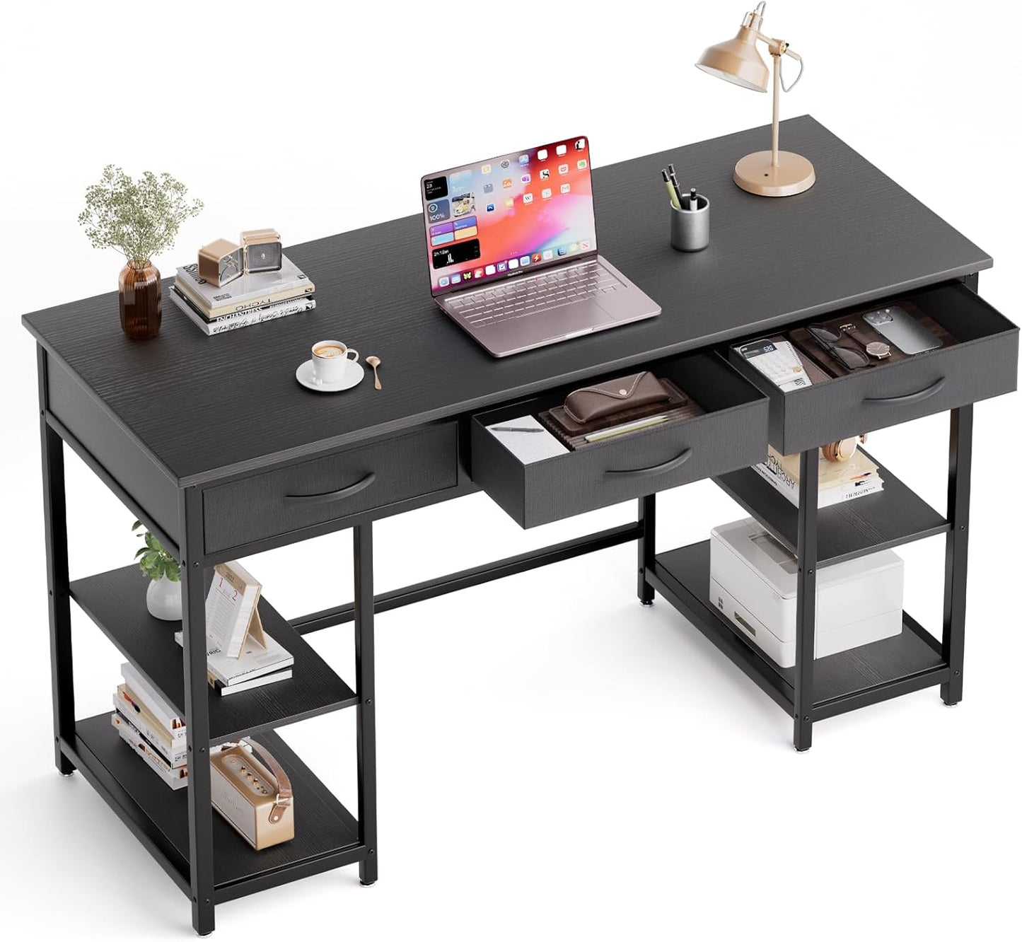 47-inch Computer Desk with 3 Drawers, Small Home Office Desk with Storage Shelves and Sturdy Metal Frame, White
